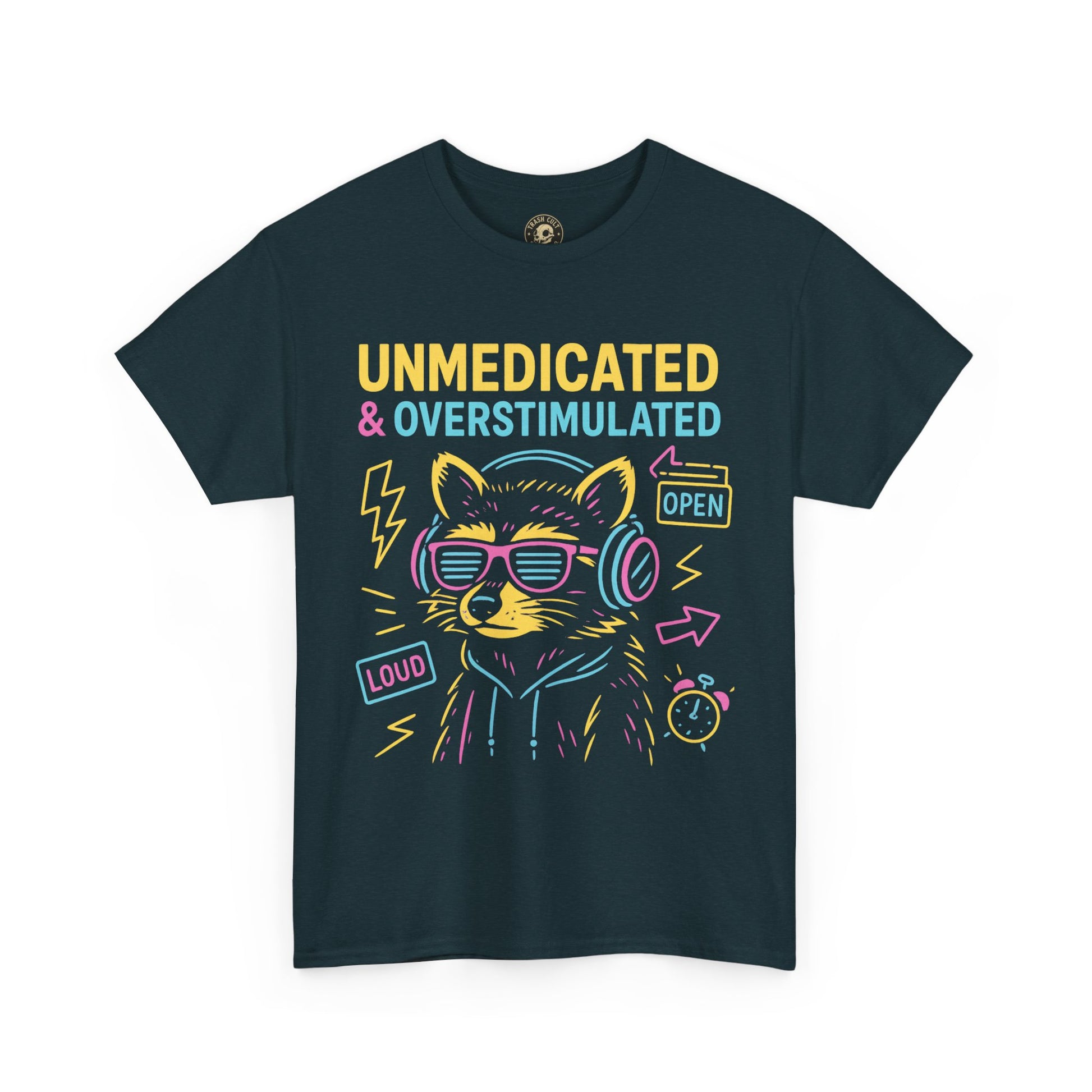 Unmedicated & Overstimulated Neon Raccoon ADHD Shirt – Trash Cult Supply Co. – Gildan 5000