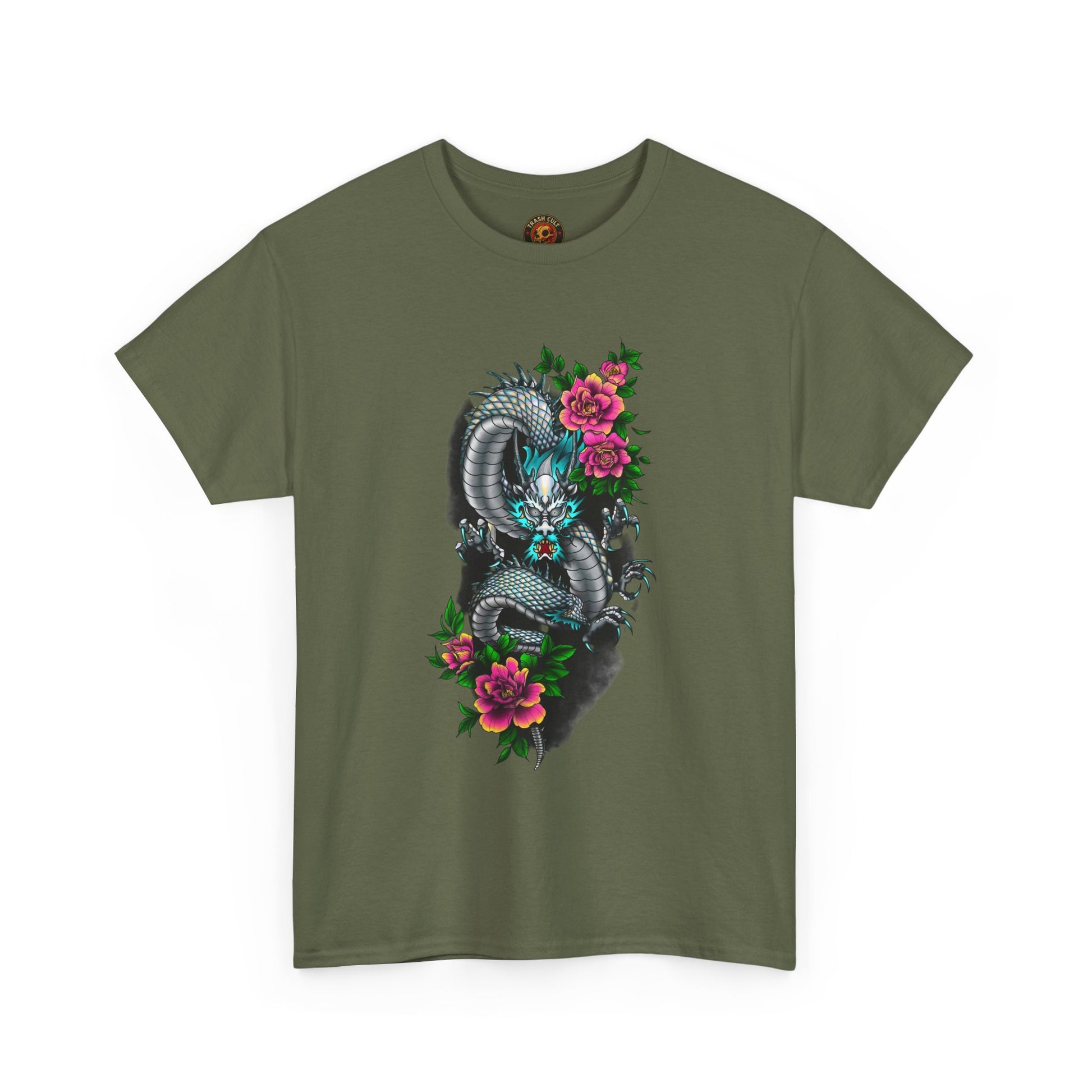 Mythic Dragon & Peonies Tattoo T-Shirt – Lara Davenport x Trash Cult Supply Co. Collab (Gildan 5000)