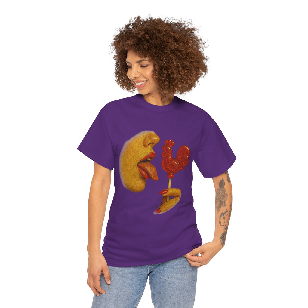 Bold Retro Halftone Tease – Red Rooster Lollipop Graphic Tee