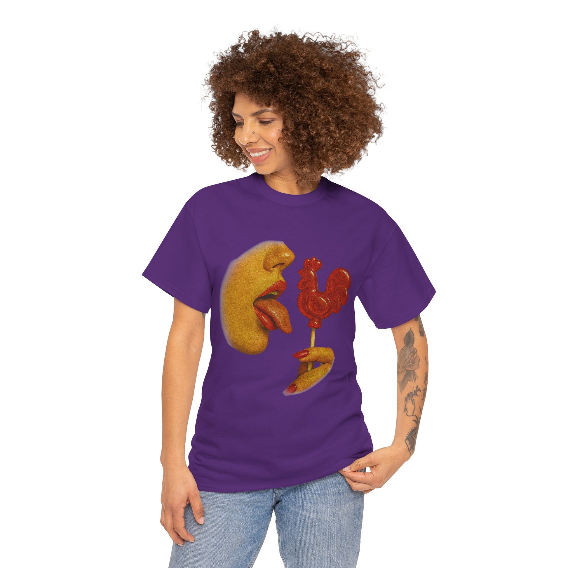 Bold Retro Halftone Tease – Red Rooster Lollipop Graphic Tee