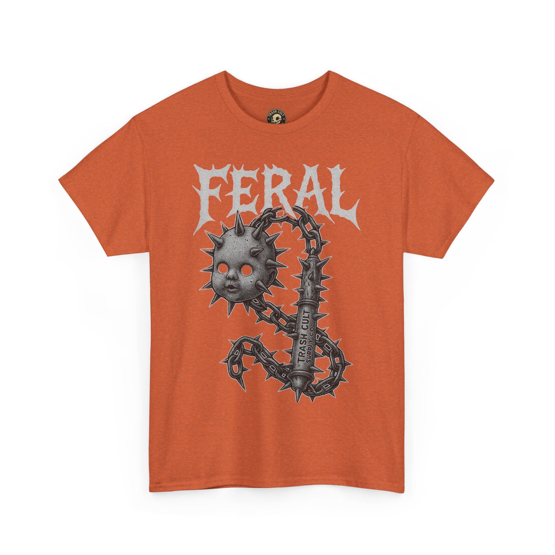 FERAL Spiked Doll Flail Tee – Halftone Gothic Weapon Shirt | Trash Cult Supply Co. | Gildan 5000