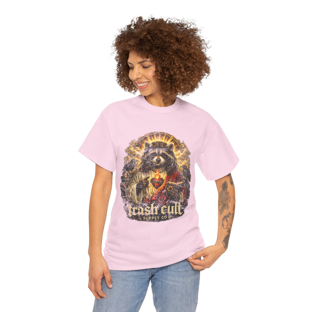 Raccoon Saint Graphic Tee — “Trash Cult” Vintage Devotional Design