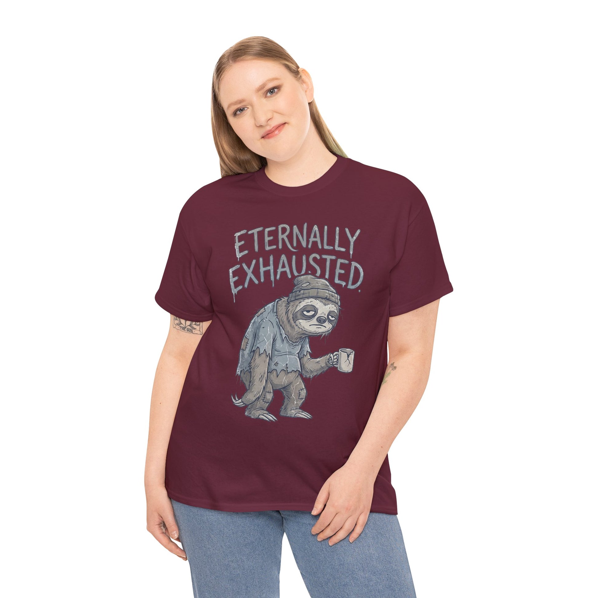 T-Shirt — 'Eternally Exhausted' Sloth Graphic Tee (Funny Coffee Lover Gift)