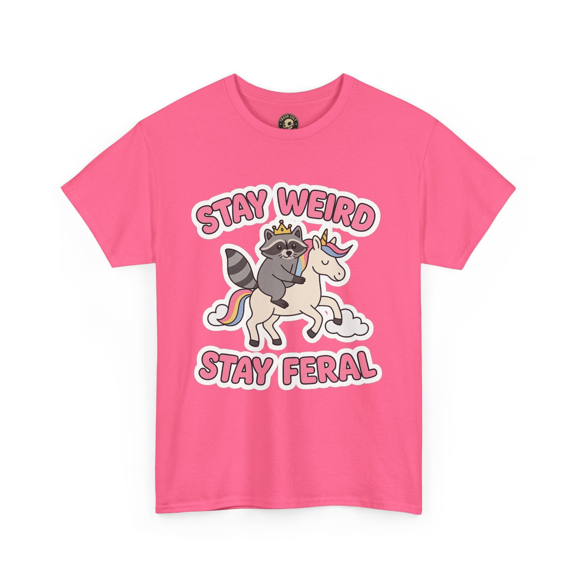 Stay Weird Stay Feral Shirt – Raccoon & Unicorn – High Visibility Gildan 5000 Tee