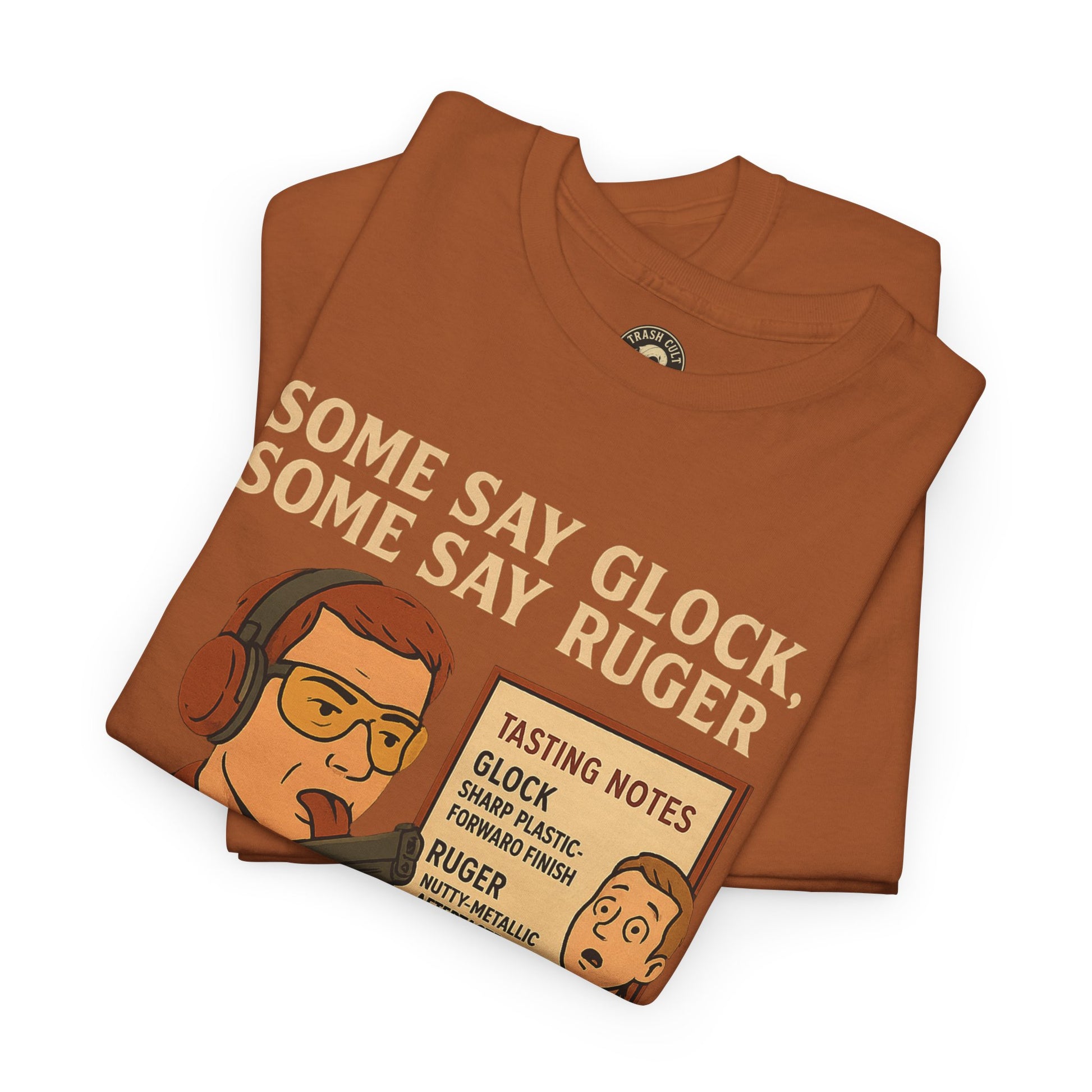 Glock vs Ruger Mouthfeel Shirt – Funny Gun Show Parody Tee | Dark Humor Firearm Tasting Notes Shirt