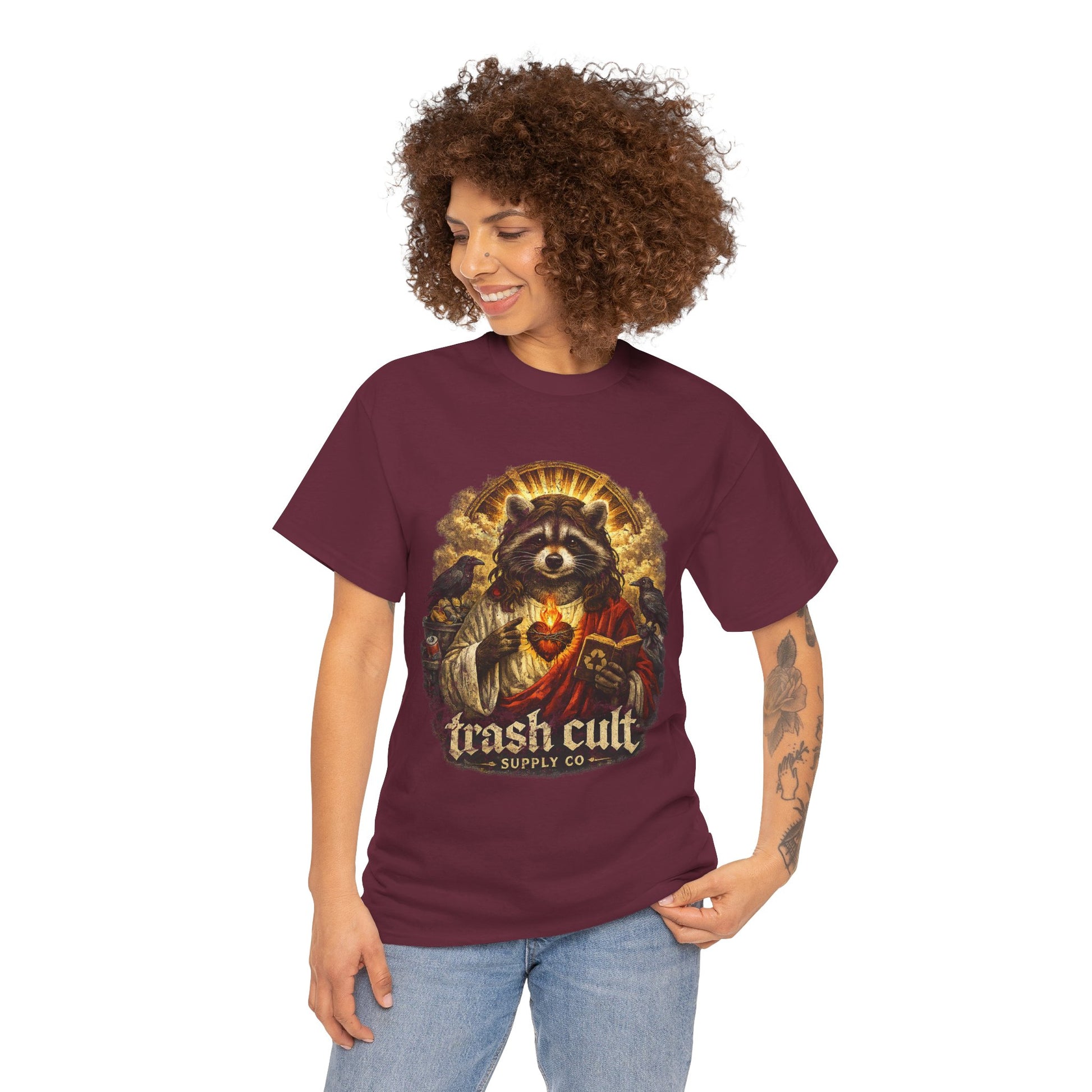 Raccoon Saint Graphic Tee — “Trash Cult” Vintage Devotional Design