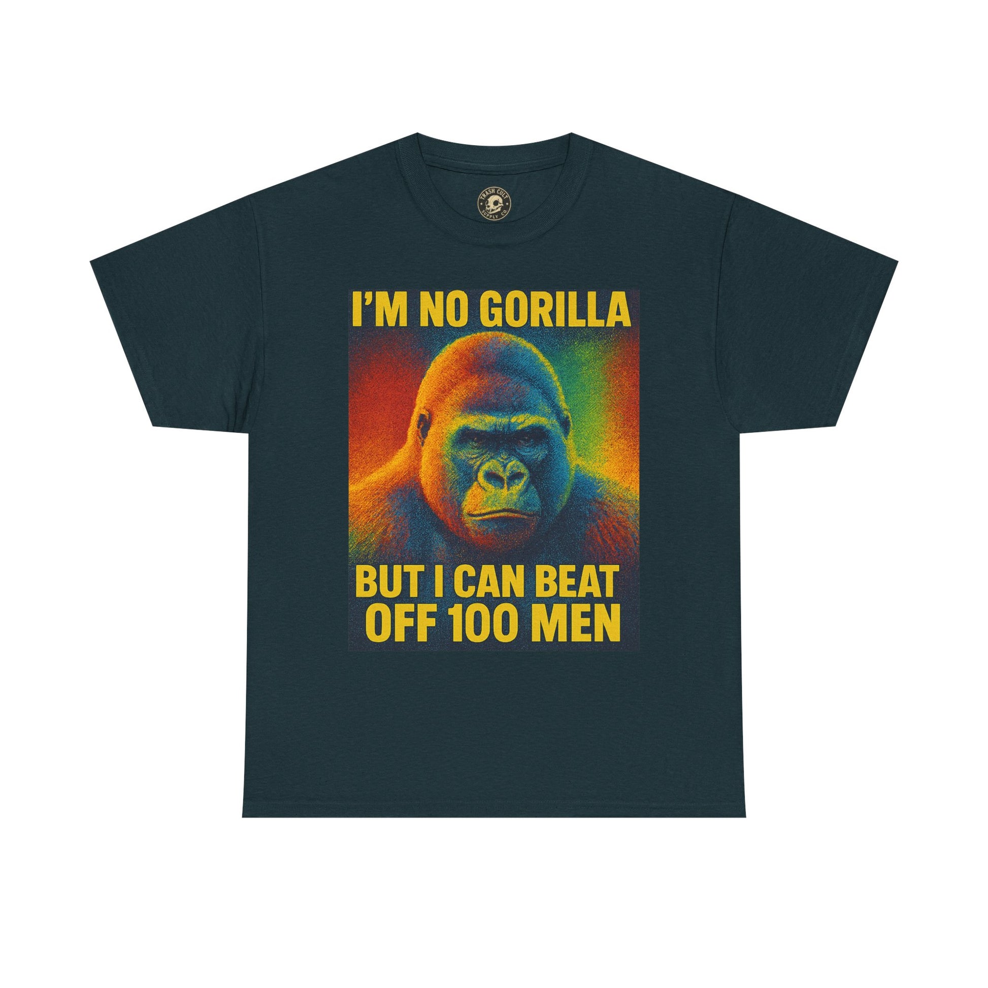 I’m No Gorilla But I Can Beat Off 100 Men Shirt – Multicolor Halftone Gorilla Tee on Gildan 5000