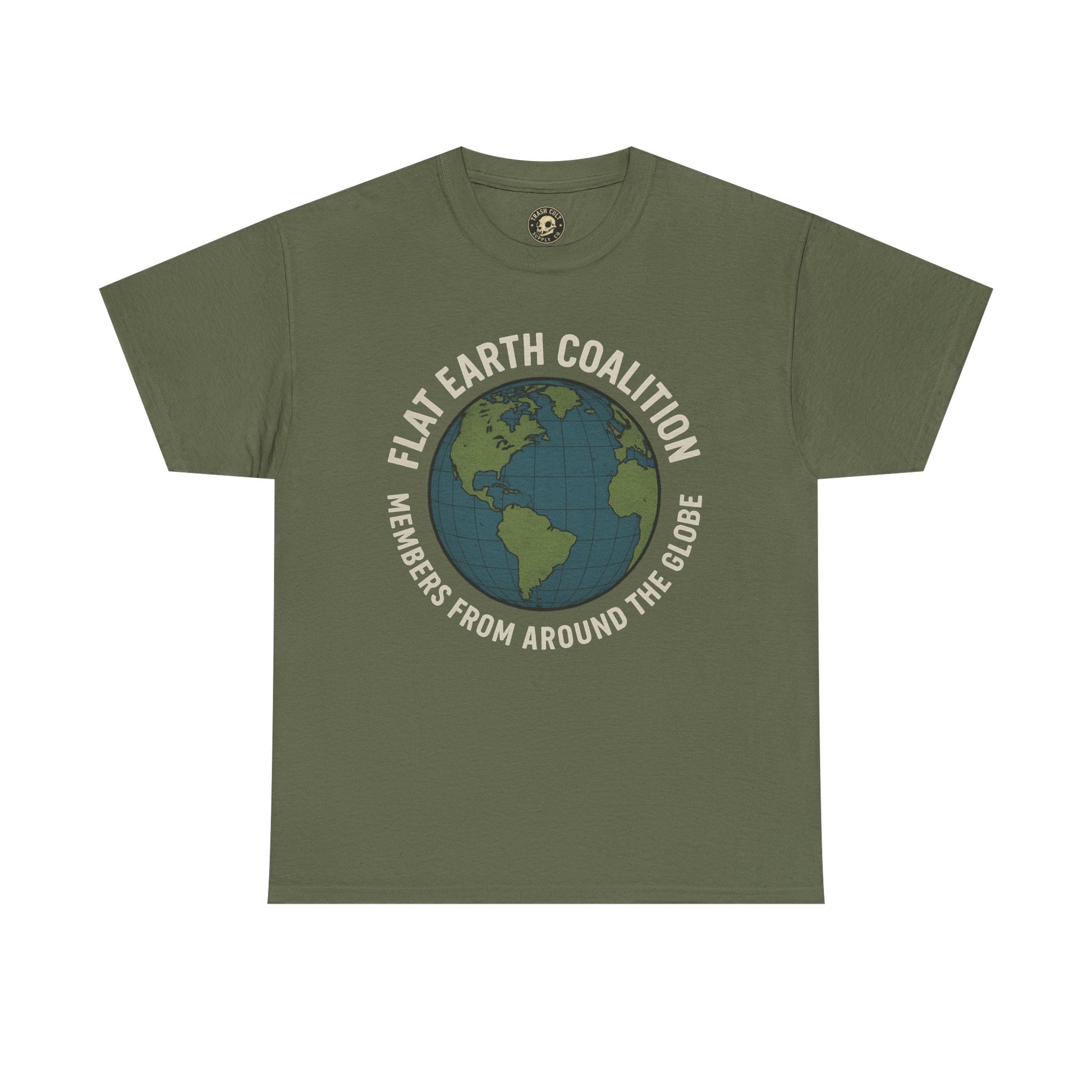 Flat Earth Coalition Funny Globe Parody Shirt – “Members From Around the Globe” Tee – Satirical Conspiracy Theory Humor Tee