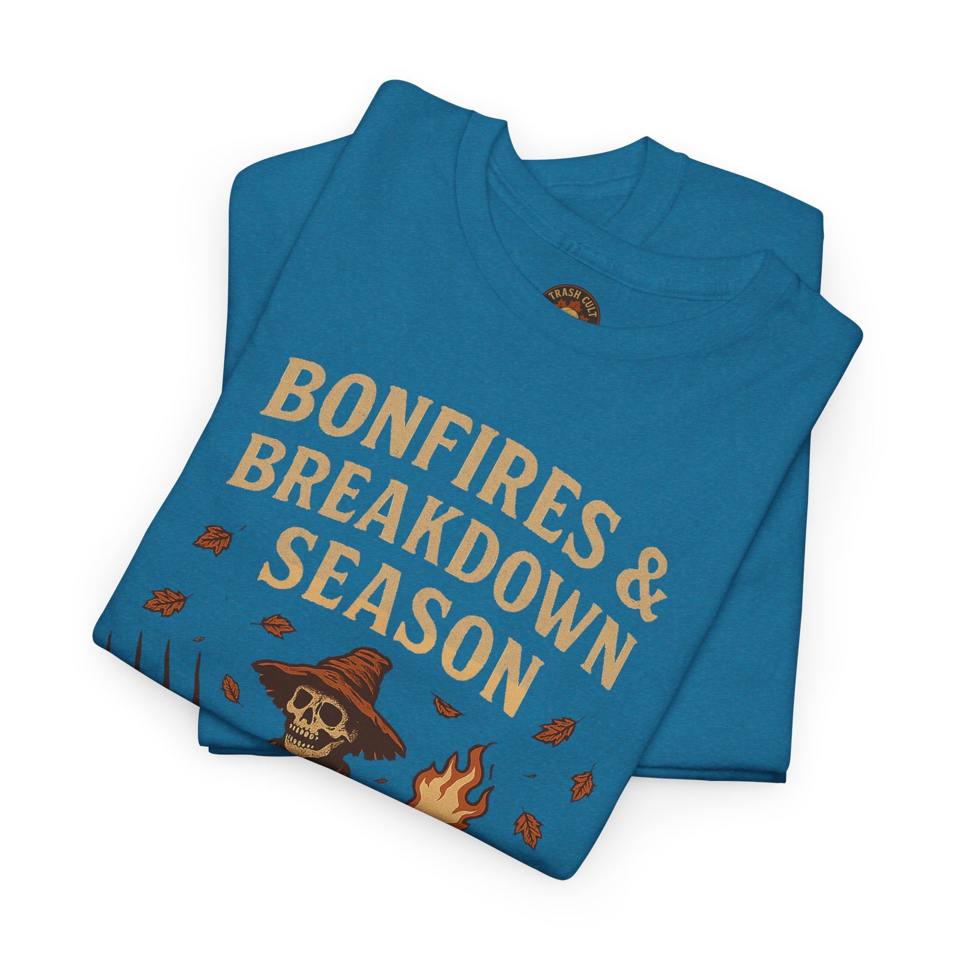 Bonfires & Breakdown Season Shirt – Skeleton Couch Chaos Tee – Fall of Humanity Collection – Trash Cult Supply Co.