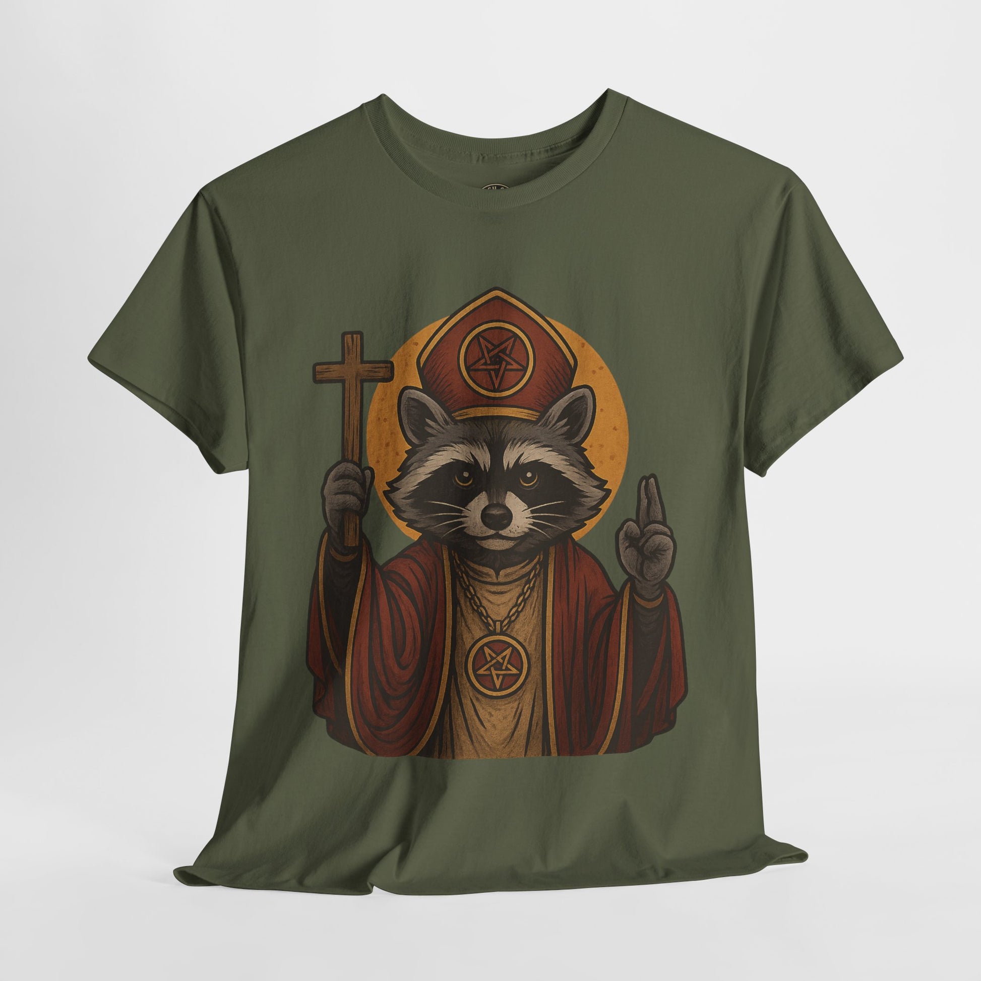 Holy Raccoon Pope Shirt – Funny Cult Priest Graphic Tee – Gildan 5000 Unisex