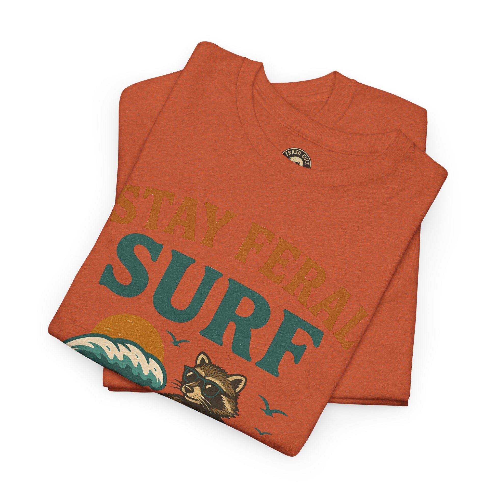 Stay Feral Surf Shirt – Retro Raccoon Beach Tee – Trash Cult Supply Co – Gildan 5000