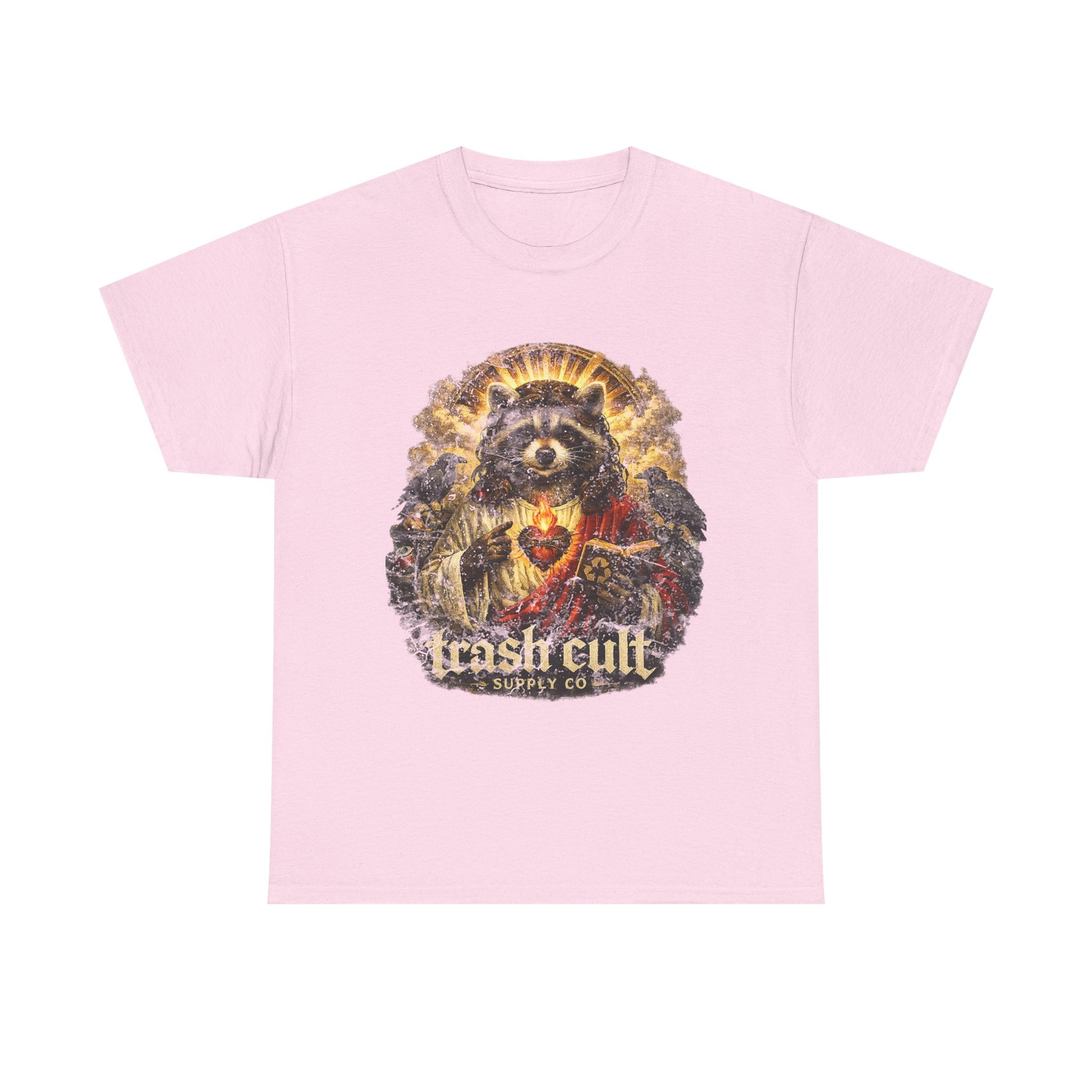 Raccoon Saint Graphic Tee — “Trash Cult” Vintage Devotional Design