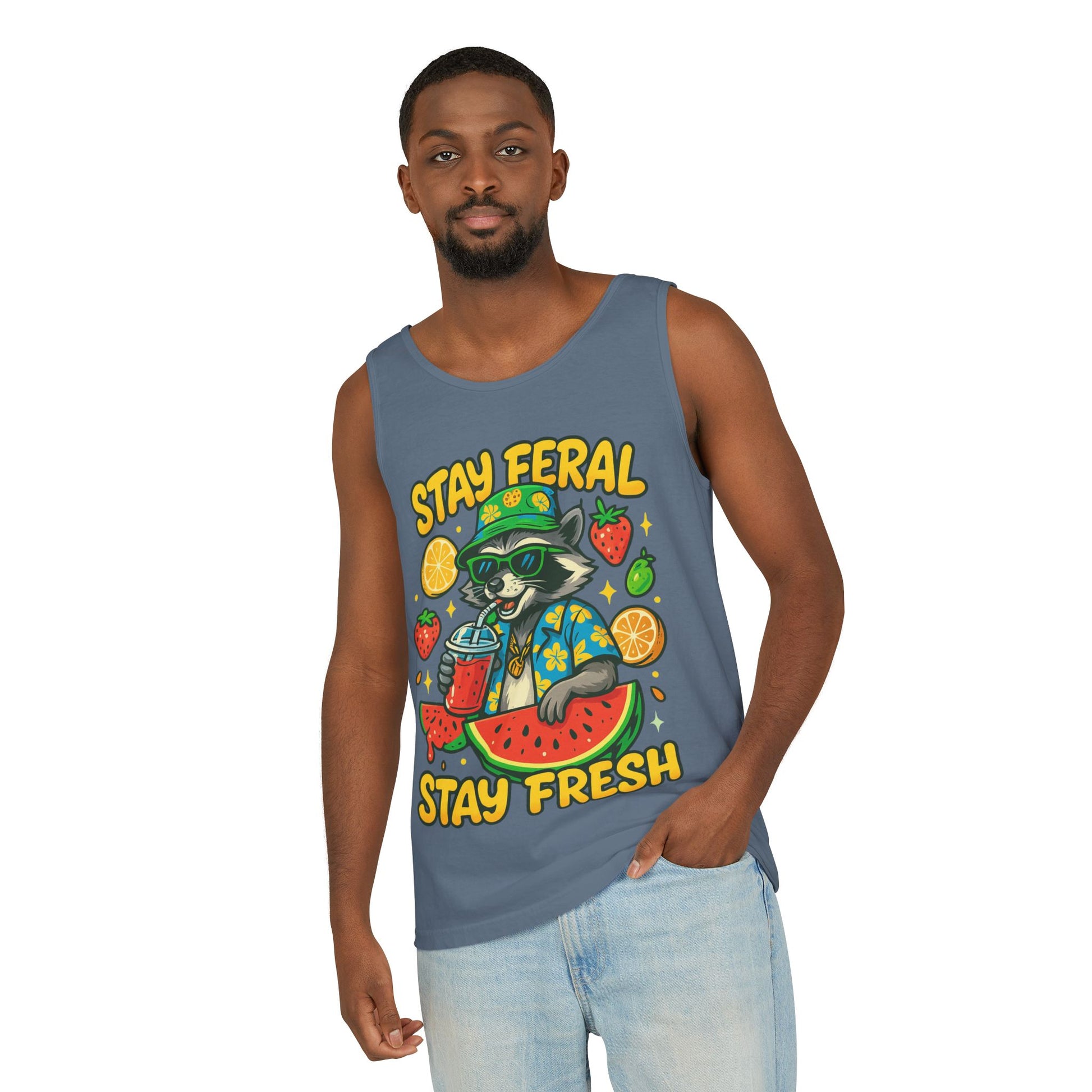 Stay Feral Stay Fresh Tank Top, Summer Apparel, Unisex Graphic Tee, Beachwear, Fun Gift for Animal Lovers