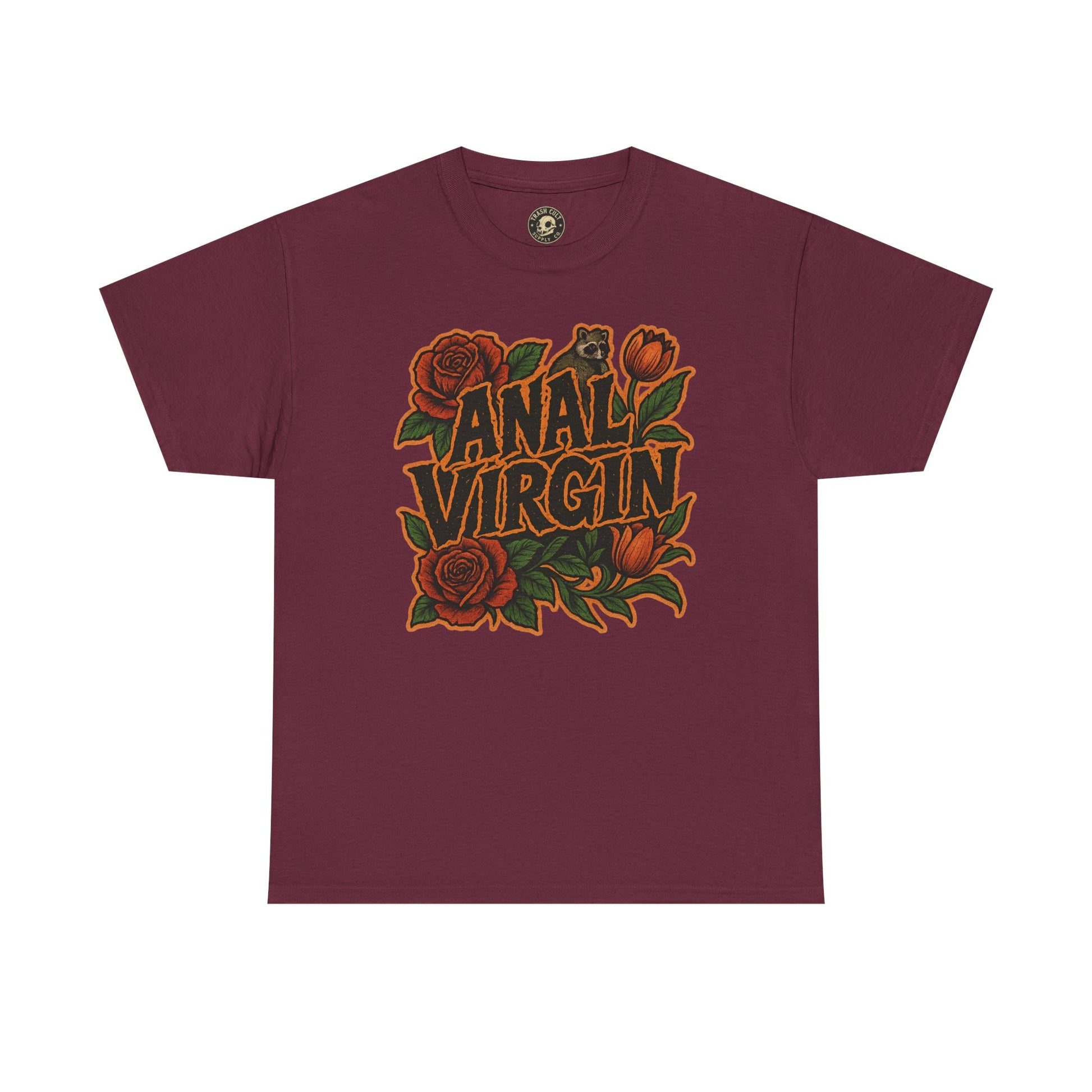 Anal Virgin Bold Floral Trashcore Tee – Funny Raccoon Shirt – Gildan 5000