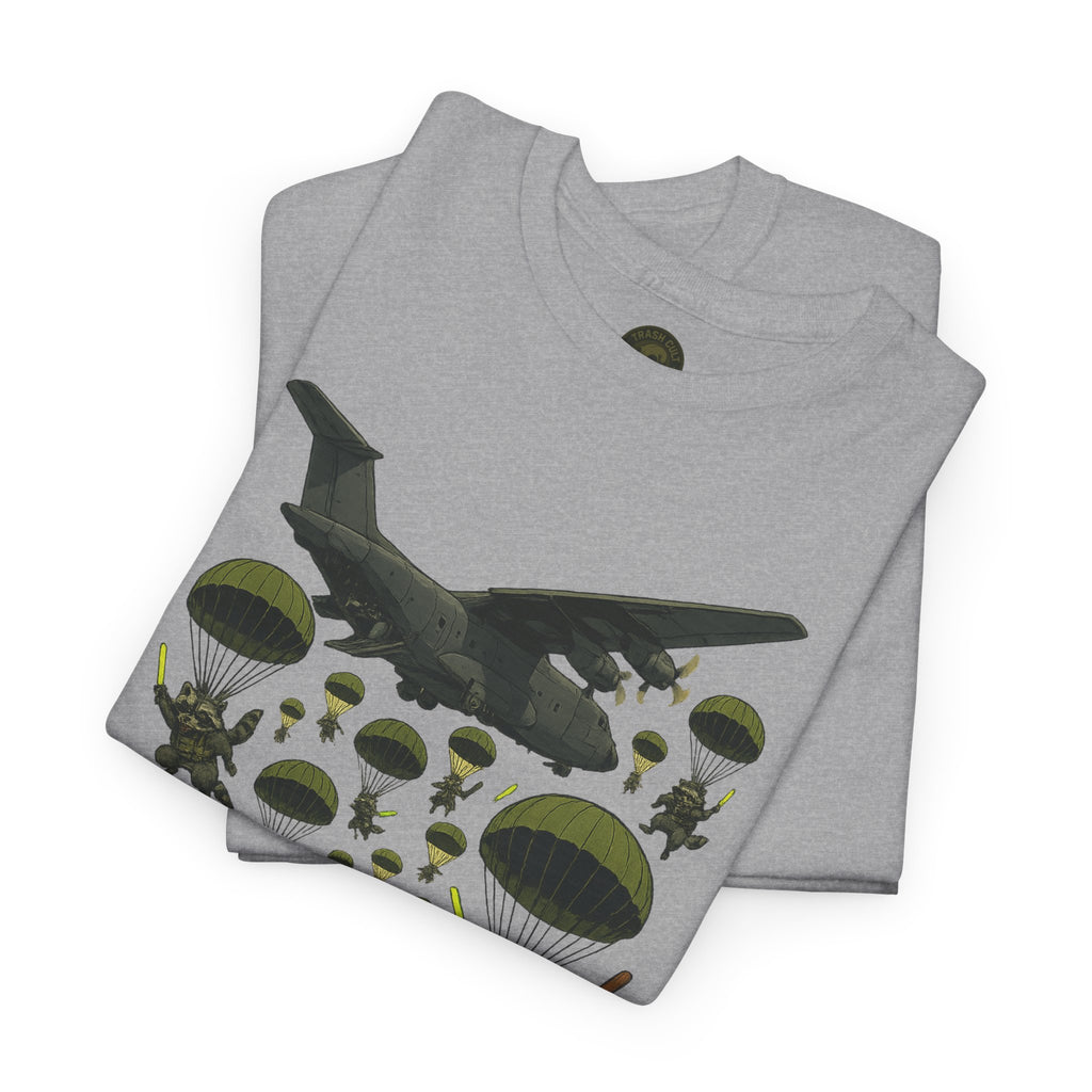 Deploy the Ferals T-Shirt – Airborne Raccoon Drop Graphic | Trash Cult Supply Co. | Gildan 5000 Heavy Cotton Tee