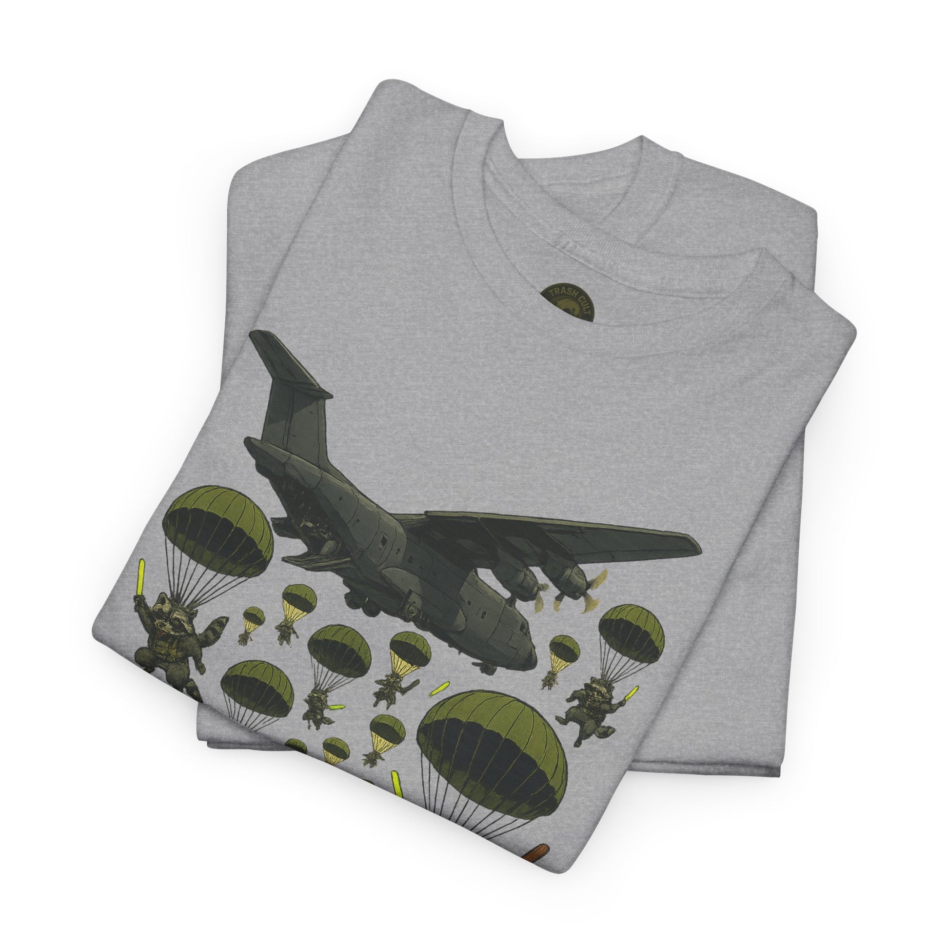 Deploy the Ferals T-Shirt – Airborne Raccoon Drop Graphic | Trash Cult Supply Co. | Gildan 5000 Heavy Cotton Tee