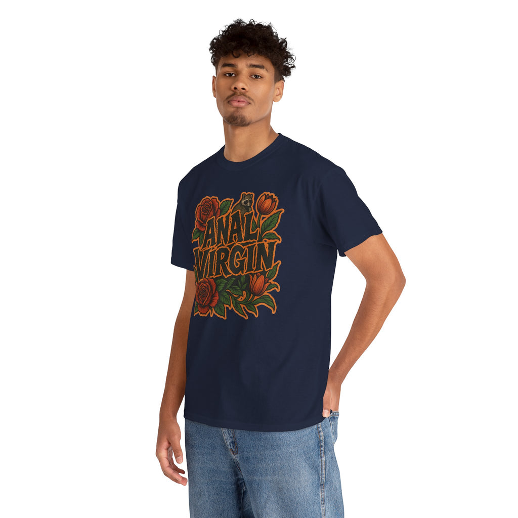 Anal Virgin Bold Floral Trashcore Tee – Funny Raccoon Shirt – Gildan 5000