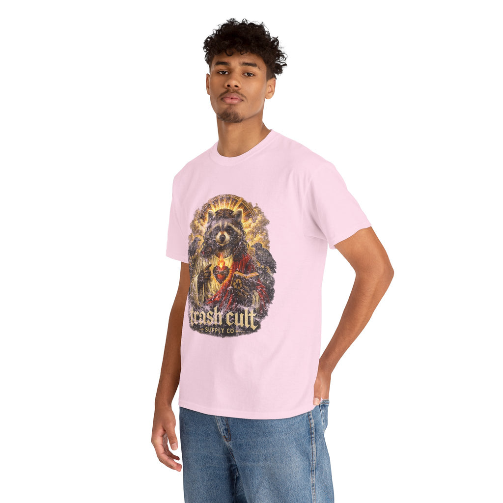 Raccoon Saint Graphic Tee — “Trash Cult” Vintage Devotional Design