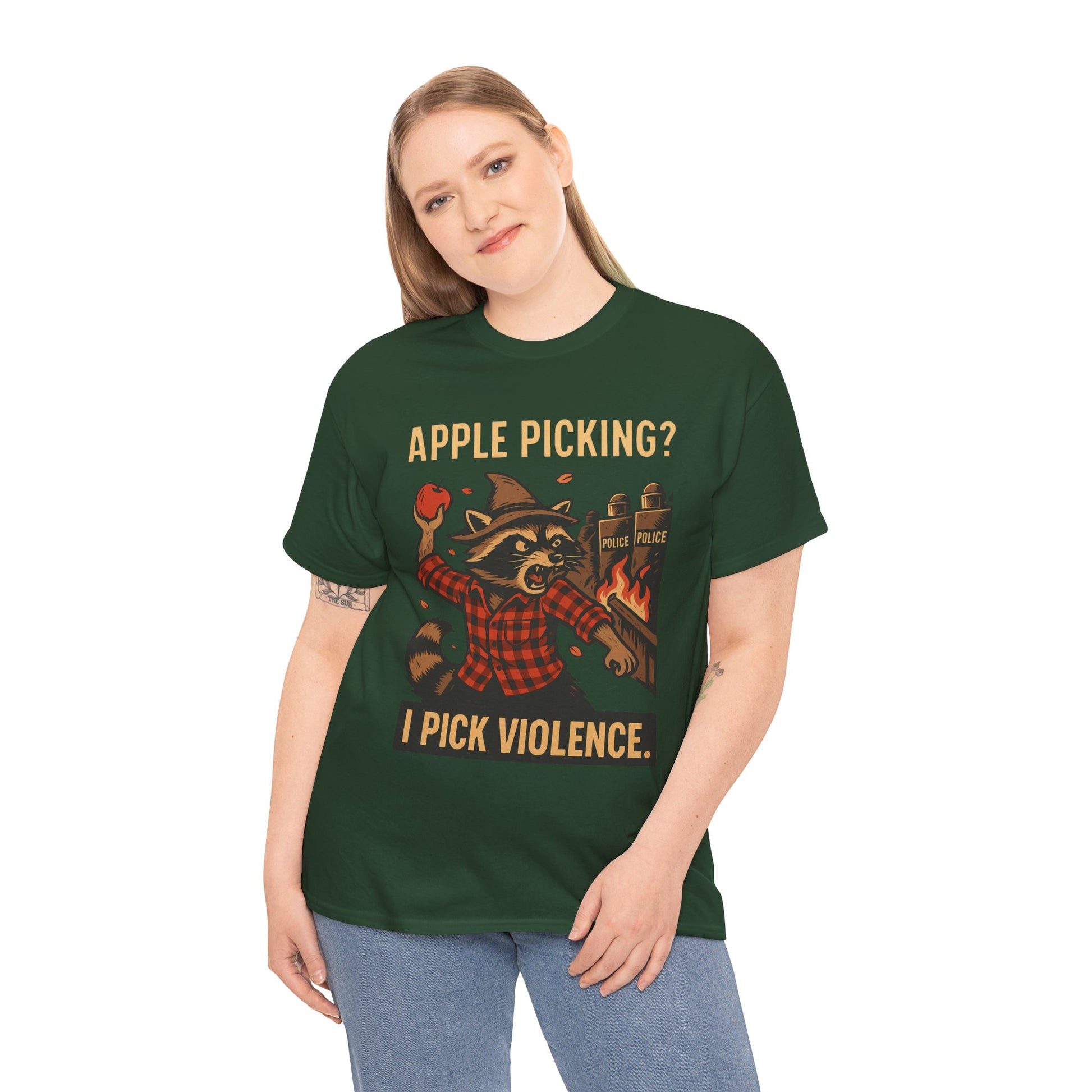 Apple Picking? I Pick Violence Shirt – Angry Raccoon Riot Tee – Fall of Humanity Collection – Trash Cult Supply Co.