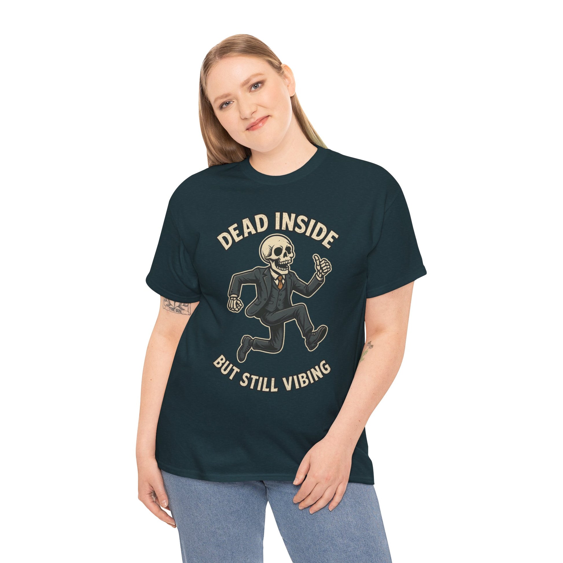 Dead Inside But Still Vibing Skeleton Shirt – Funny Unisex Heavy Cotton Tee