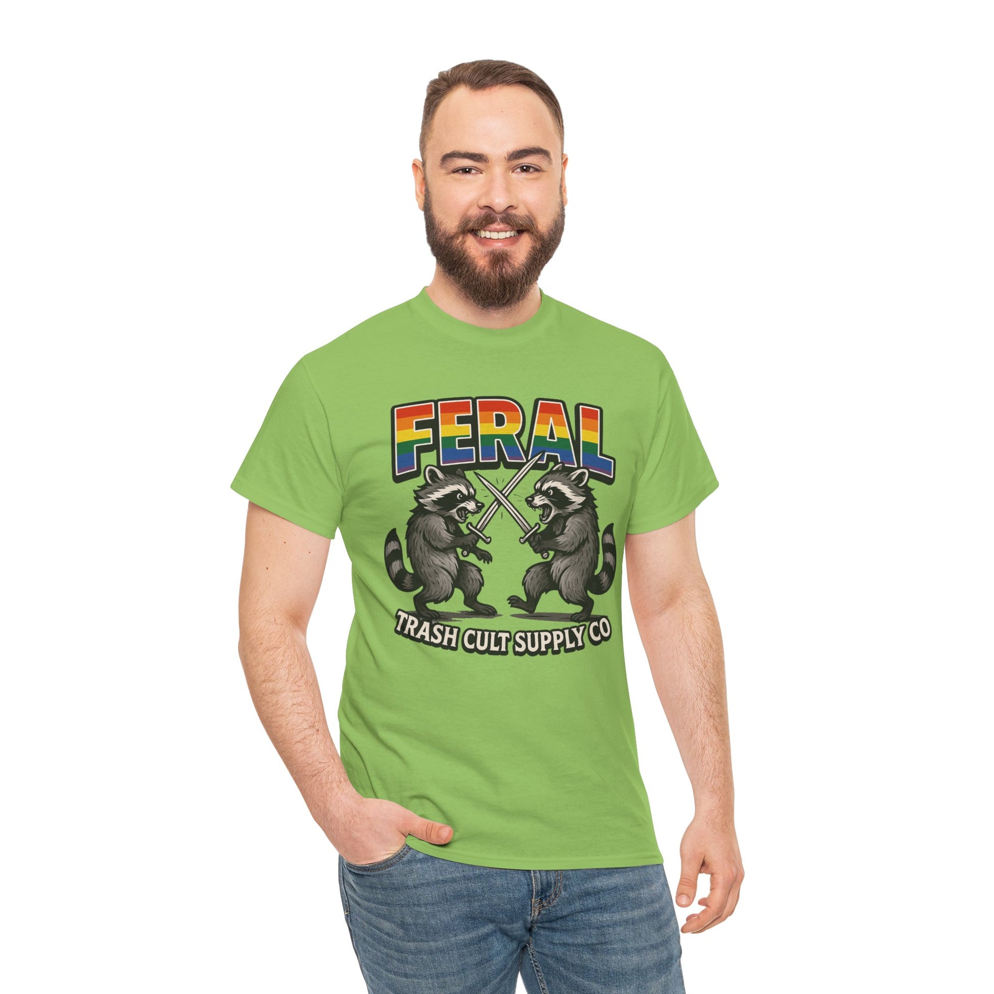 FERAL Rainbow Raccoon Sword Fighting Graphic Tee – Gildan 5000 Heavy Cotton