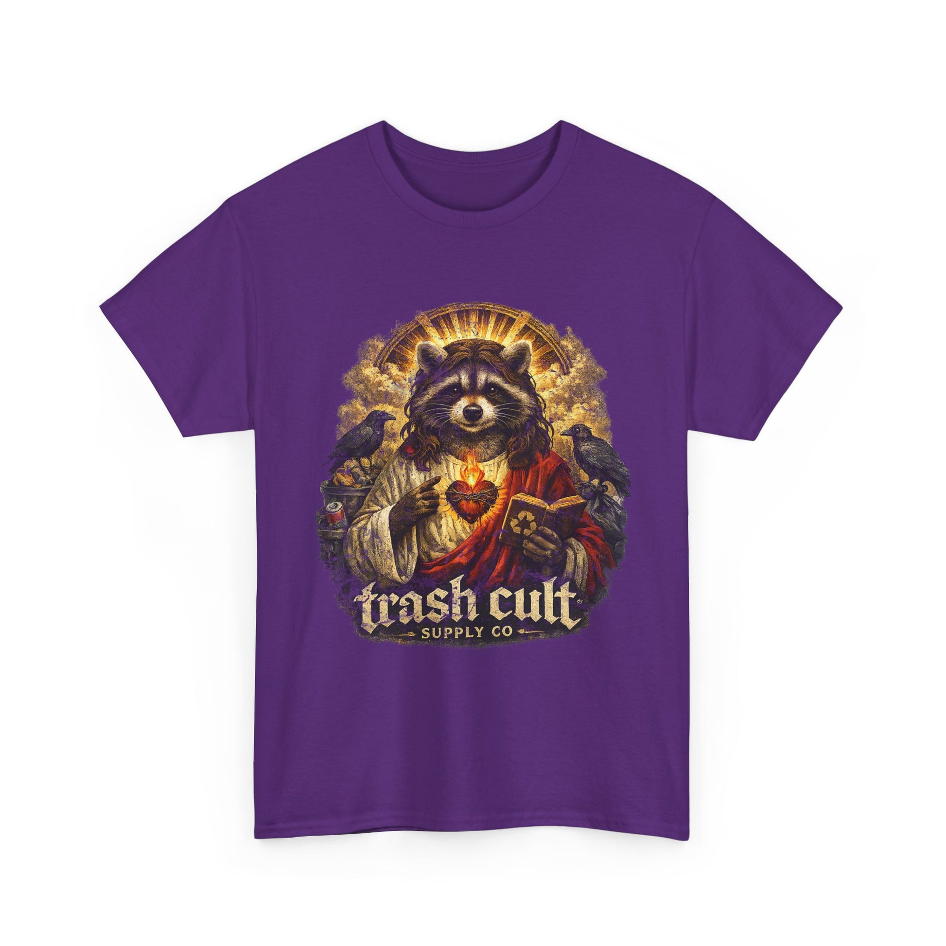 Raccoon Saint Graphic Tee — “Trash Cult” Vintage Devotional Design