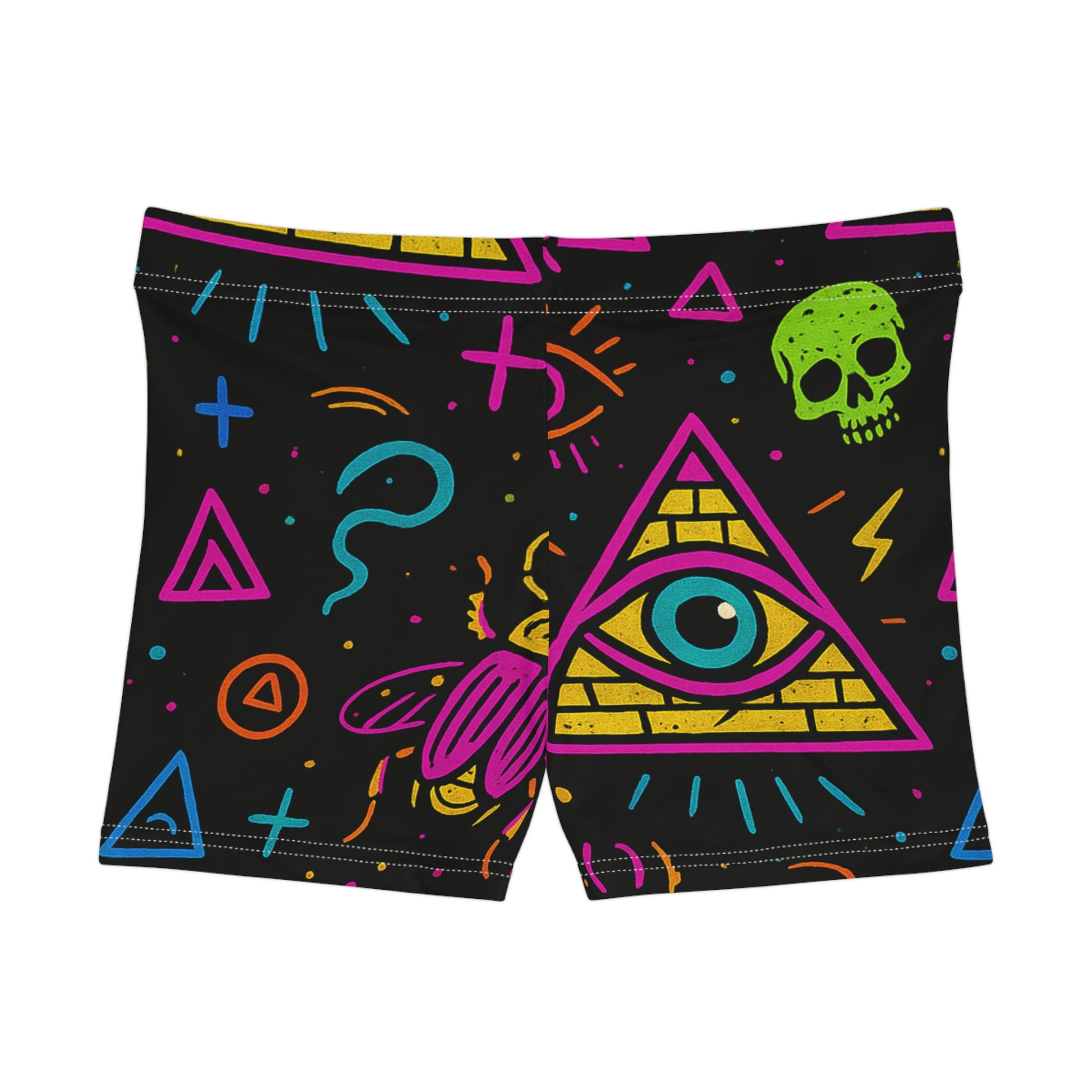 Illuminasty Drop Women’s Shorts – Neon Chaos with All-Seeing Eye, Skulls & Symbols