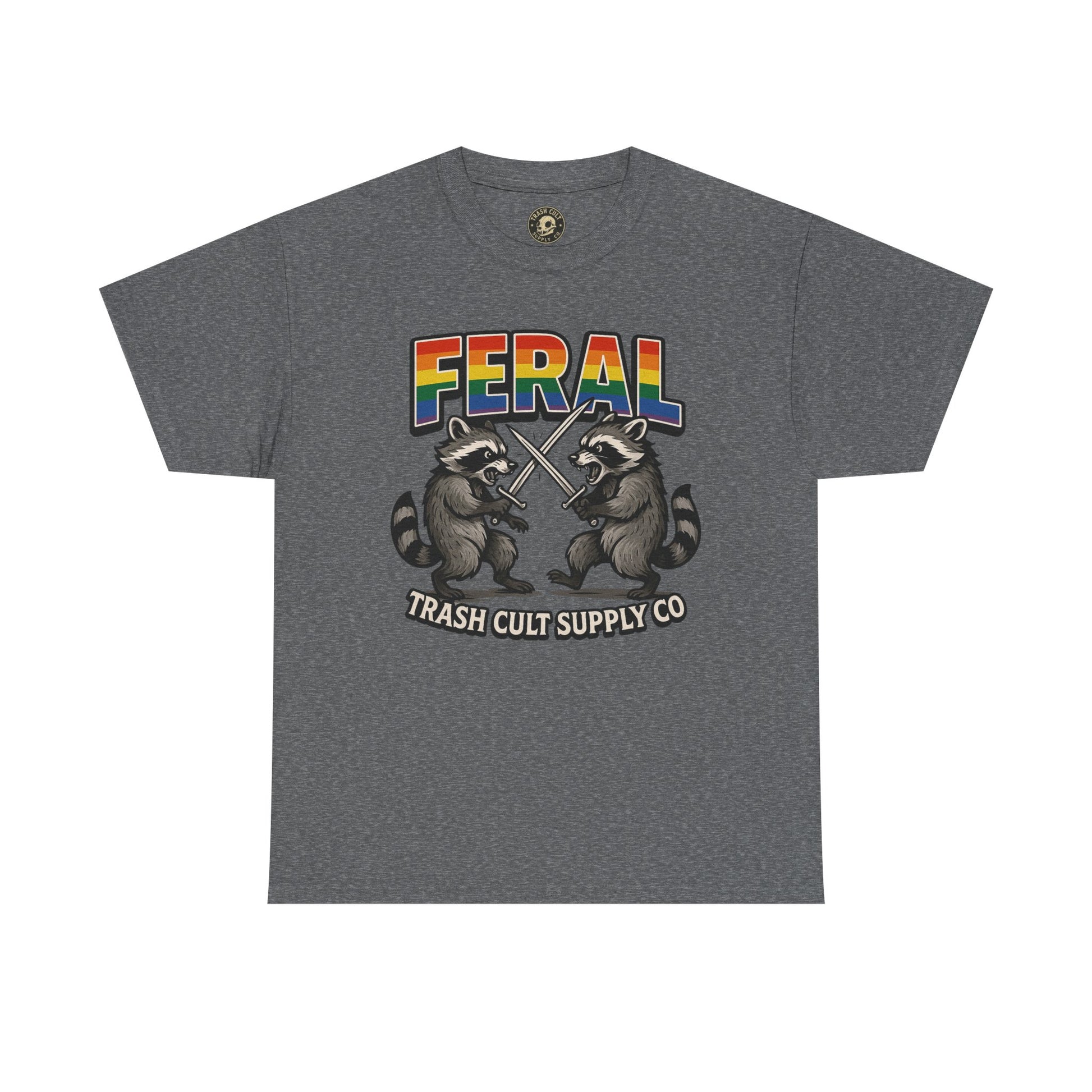 FERAL Rainbow Raccoon Sword Fighting Graphic Tee – Gildan 5000 Heavy Cotton