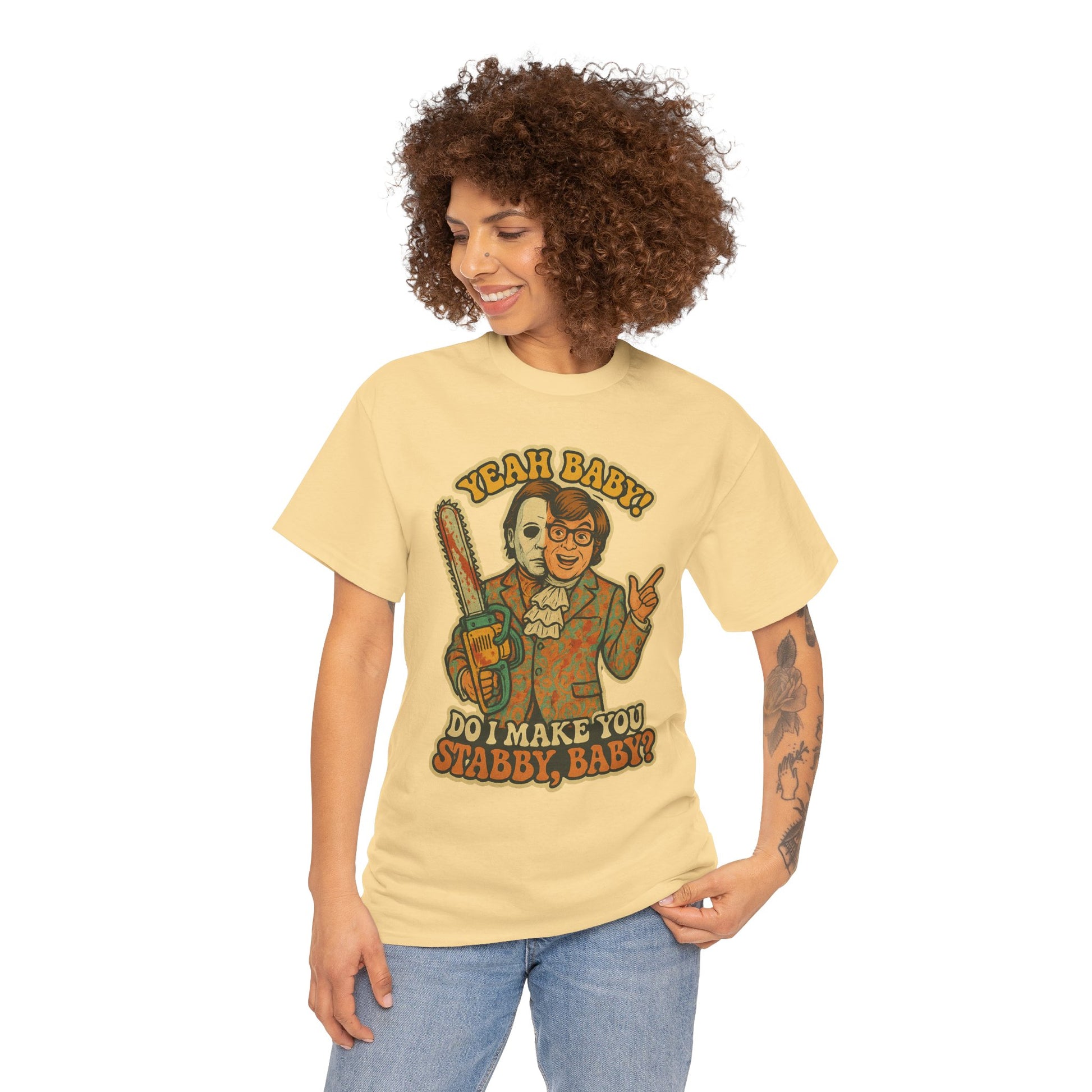 Mike Myers Parody Shirt – “Do I Make You Stabby, Baby?” Funny Horror Mashup Tee – Gildan 5000 Unisex