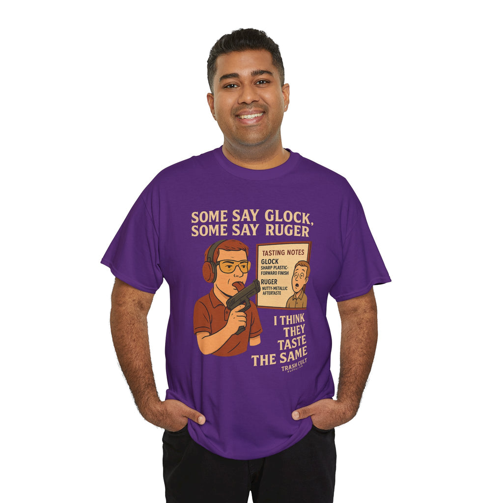 Glock vs Ruger Mouthfeel Shirt – Funny Gun Show Parody Tee | Dark Humor Firearm Tasting Notes Shirt