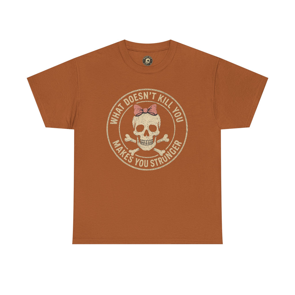 “What Doesn’t Kill You Makes You Stronger” Skull & Bow T-Shirt – Vintage Grunge Graphic | Gildan 5000