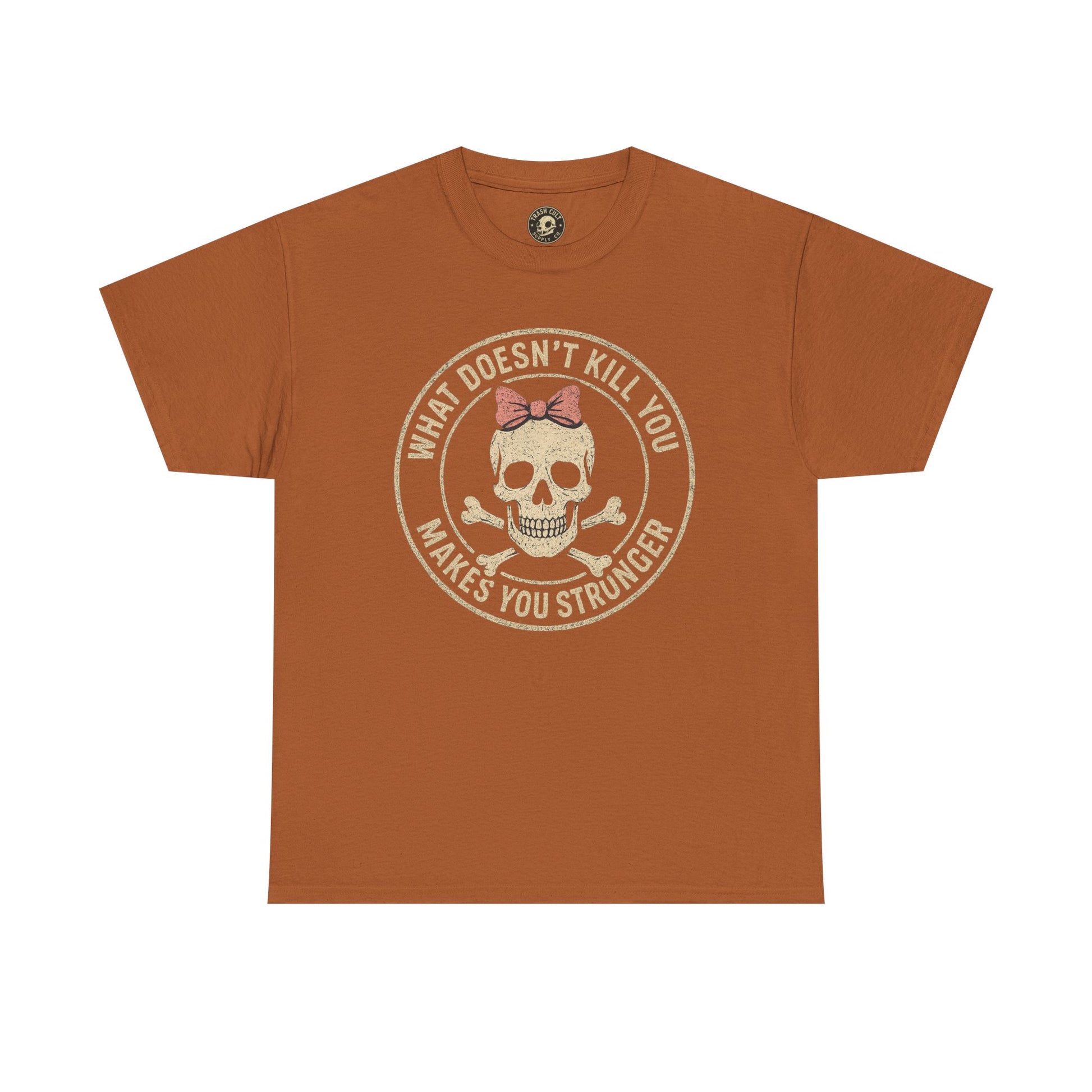 “What Doesn’t Kill You Makes You Stronger” Skull & Bow T-Shirt – Vintage Grunge Graphic | Gildan 5000
