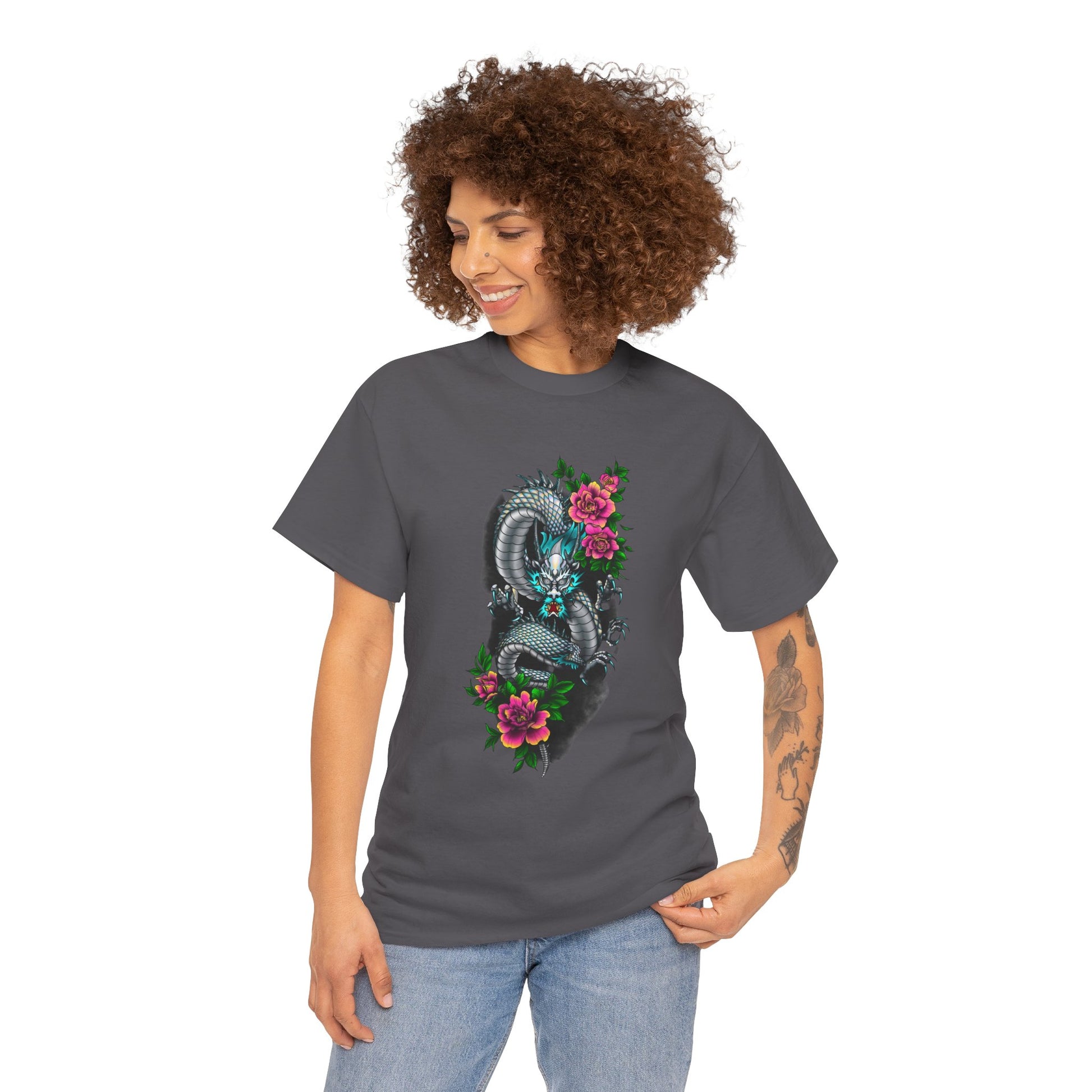 Mythic Dragon & Peonies Tattoo T-Shirt – Lara Davenport x Trash Cult Supply Co. Collab (Gildan 5000)