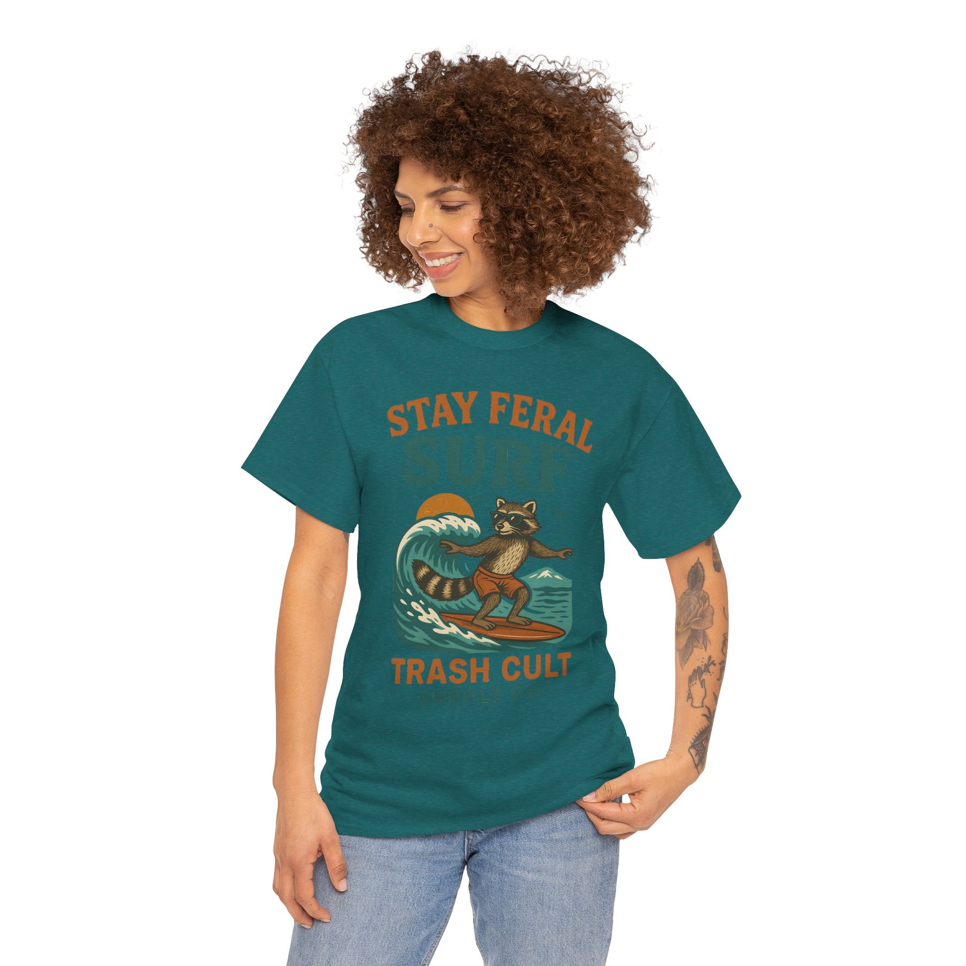 Stay Feral Surf Shirt – Retro Raccoon Beach Tee – Trash Cult Supply Co – Gildan 5000