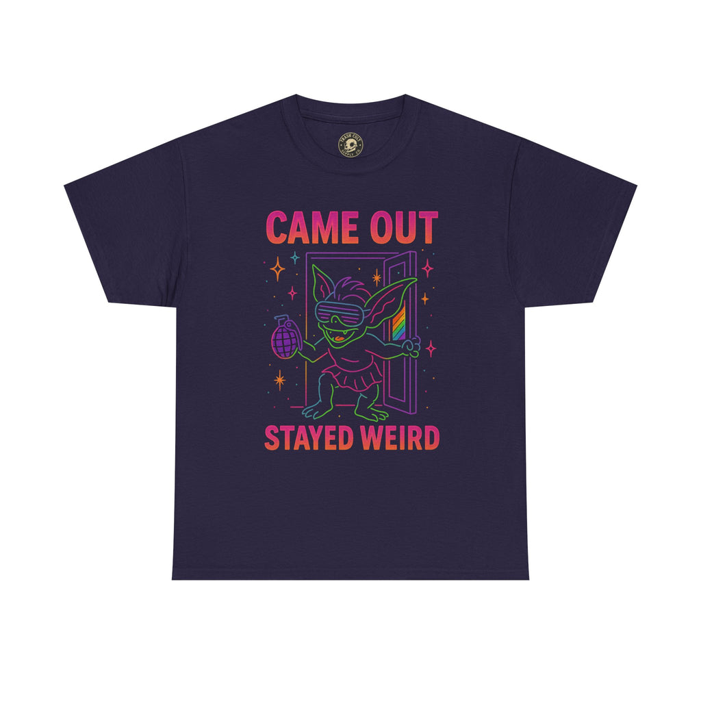 Came Out, Stayed Weird – Neon Gremlin Pride T-Shirt | Gildan Unisex Heavy Cotton Tee | LGBTQ+ Graphic Shirt