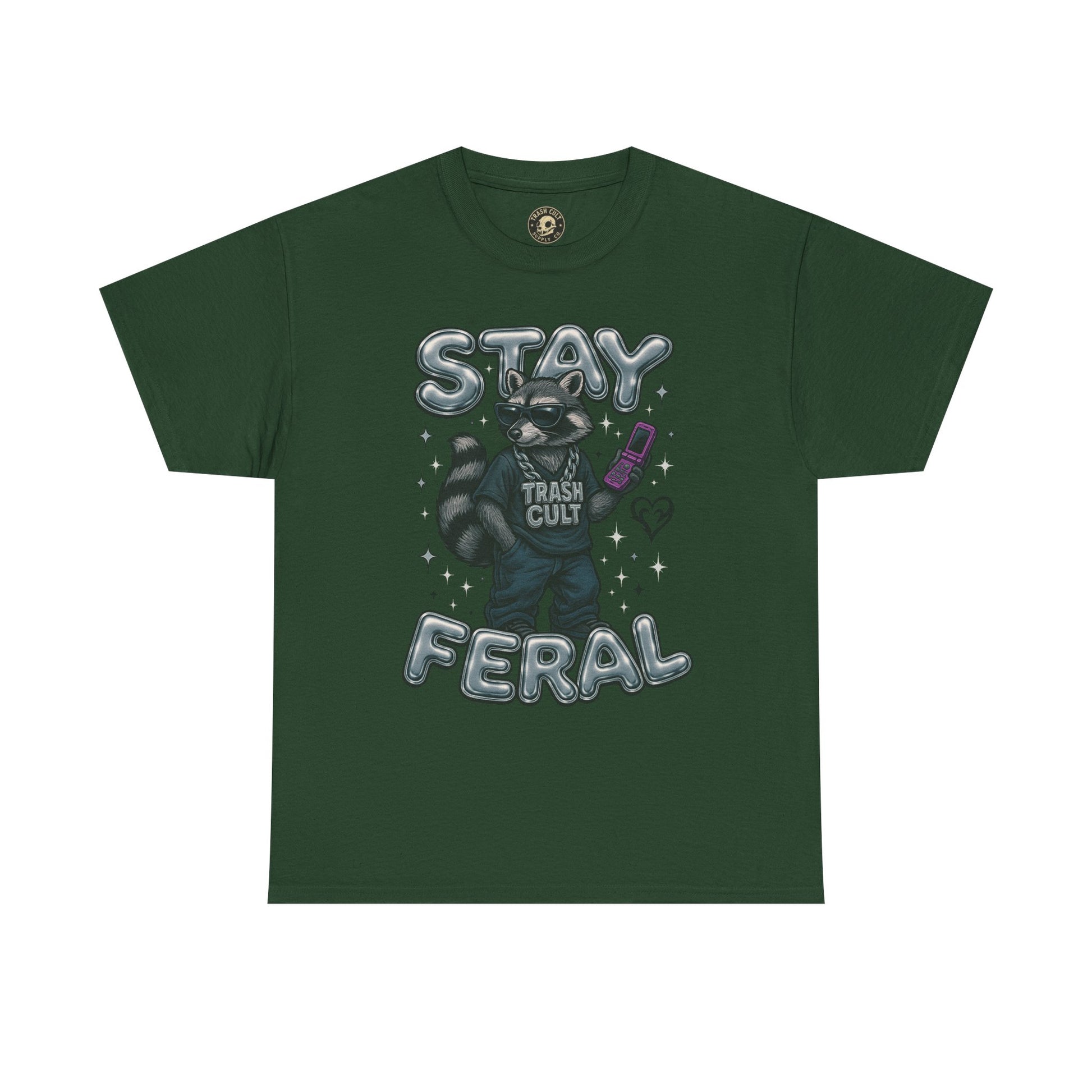 Stay Feral Chrome Raccoon Tee – Y2K Streetwear Trash Cult Shirt