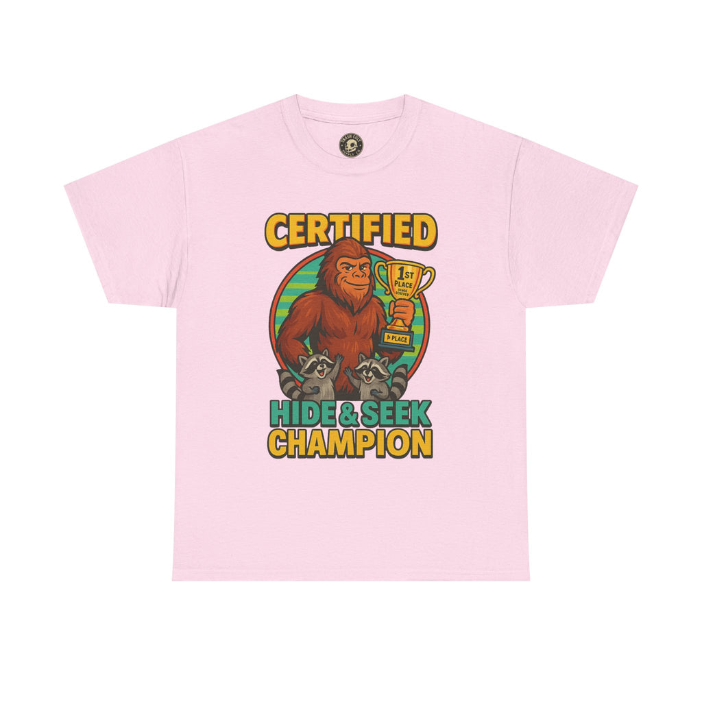Certified Hide & Seek Champion Bigfoot T-Shirt – Funny Cryptid Shirt – Raccoon Forest Meme Tee – Gildan 5000