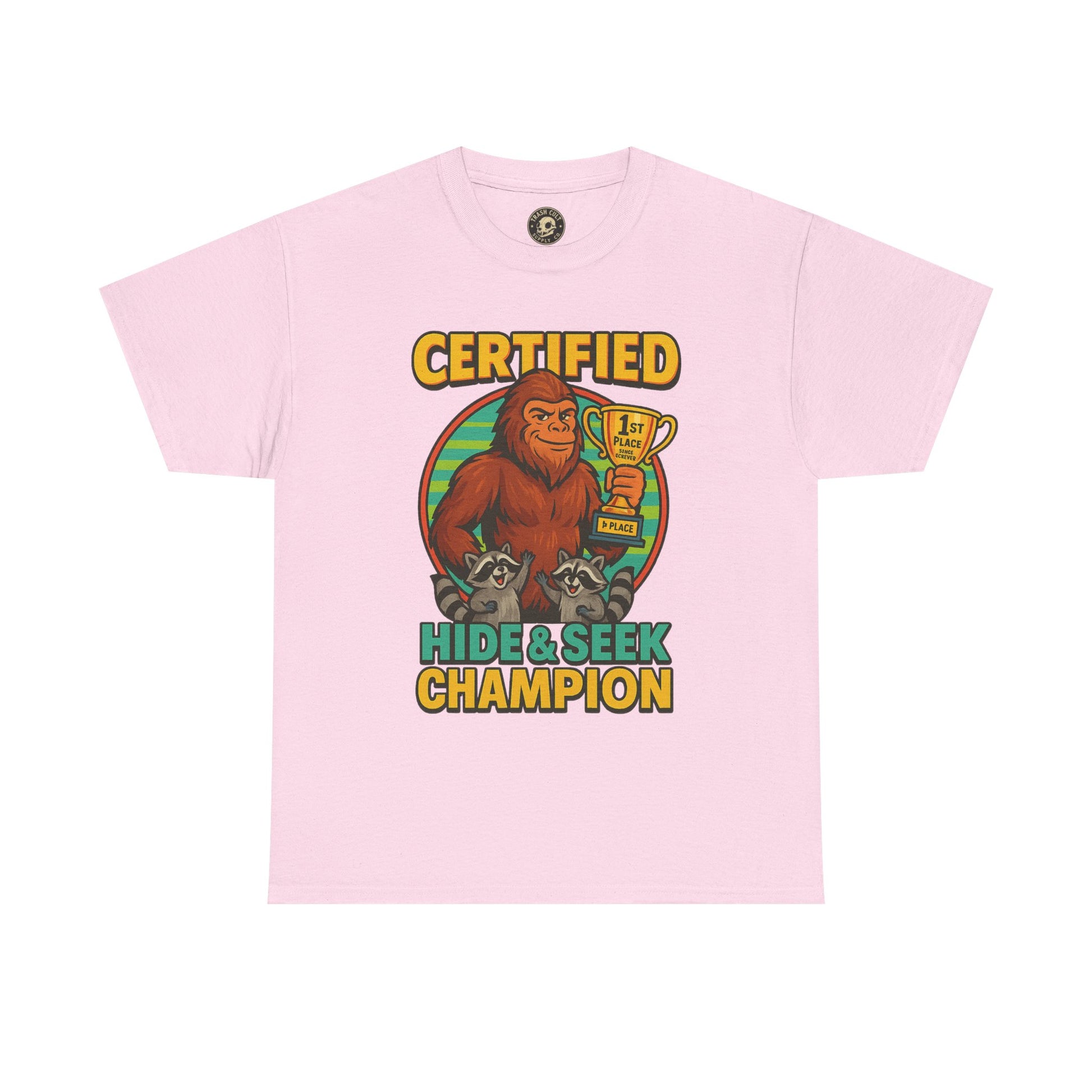 Certified Hide & Seek Champion Bigfoot T-Shirt – Funny Cryptid Shirt – Raccoon Forest Meme Tee – Gildan 5000