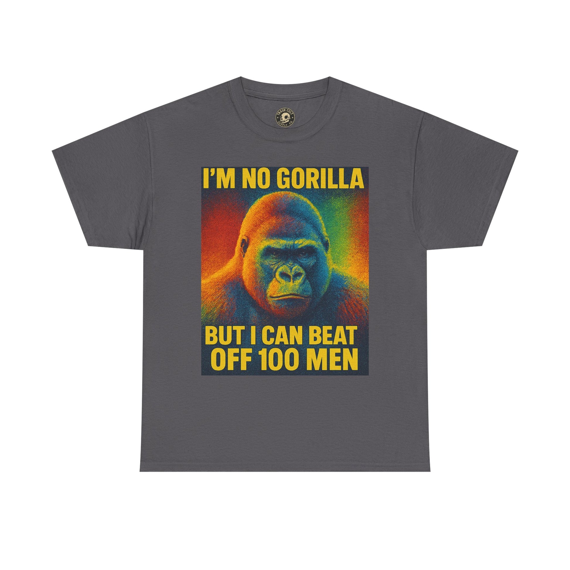 I’m No Gorilla But I Can Beat Off 100 Men Shirt – Multicolor Halftone Gorilla Tee on Gildan 5000