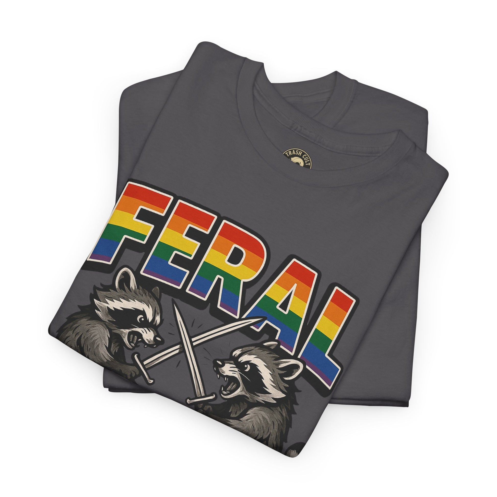FERAL Rainbow Raccoon Sword Fighting Graphic Tee – Gildan 5000 Heavy Cotton