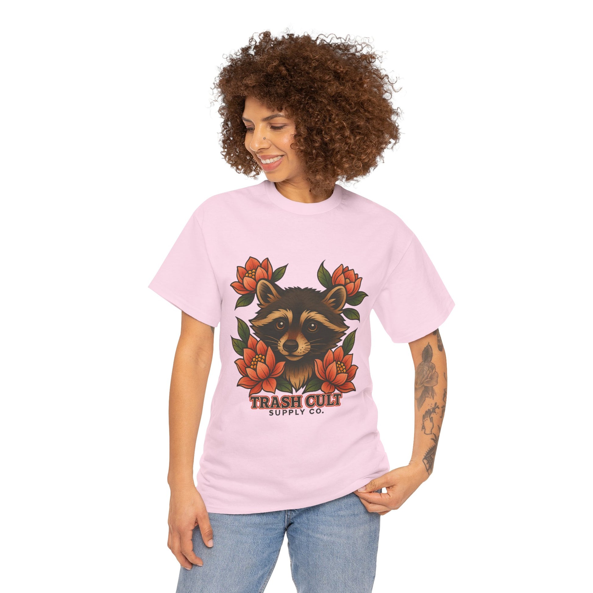 Neo-Traditional Raccoon & Lotus Tattoo Shirt – Trash Cult Supply Co. – Gildan 5000