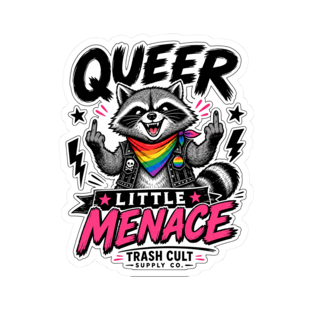 Queer Little Menace Sticker — Rainbow Raccoon Kiss-Cut Decal for Laptops & Pride