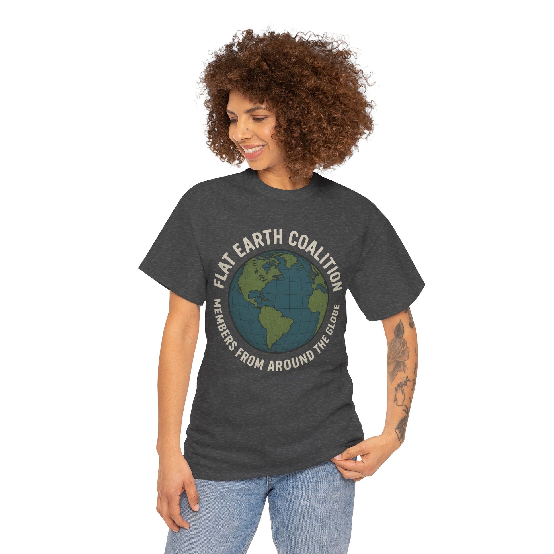 Flat Earth Coalition Funny Globe Parody Shirt – “Members From Around the Globe” Tee – Satirical Conspiracy Theory Humor Tee