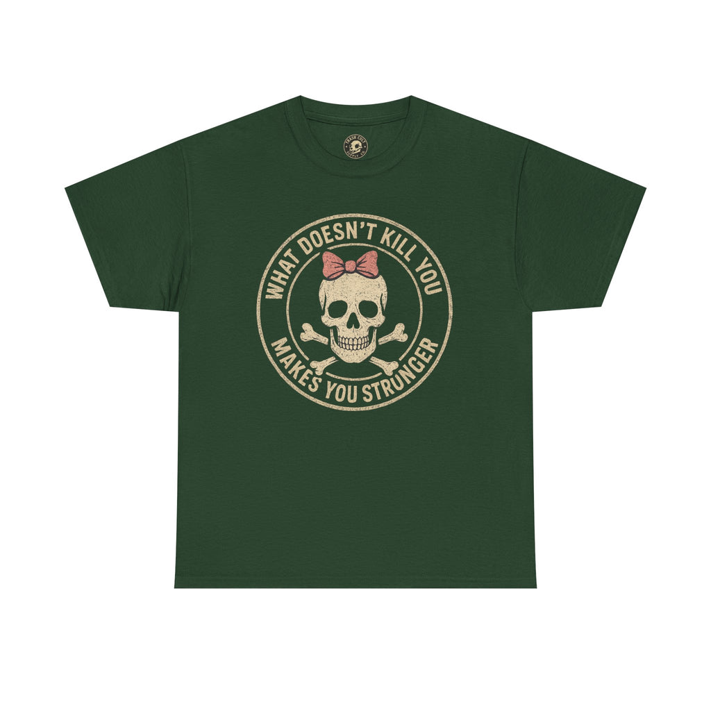 “What Doesn’t Kill You Makes You Stronger” Skull & Bow T-Shirt – Vintage Grunge Graphic | Gildan 5000