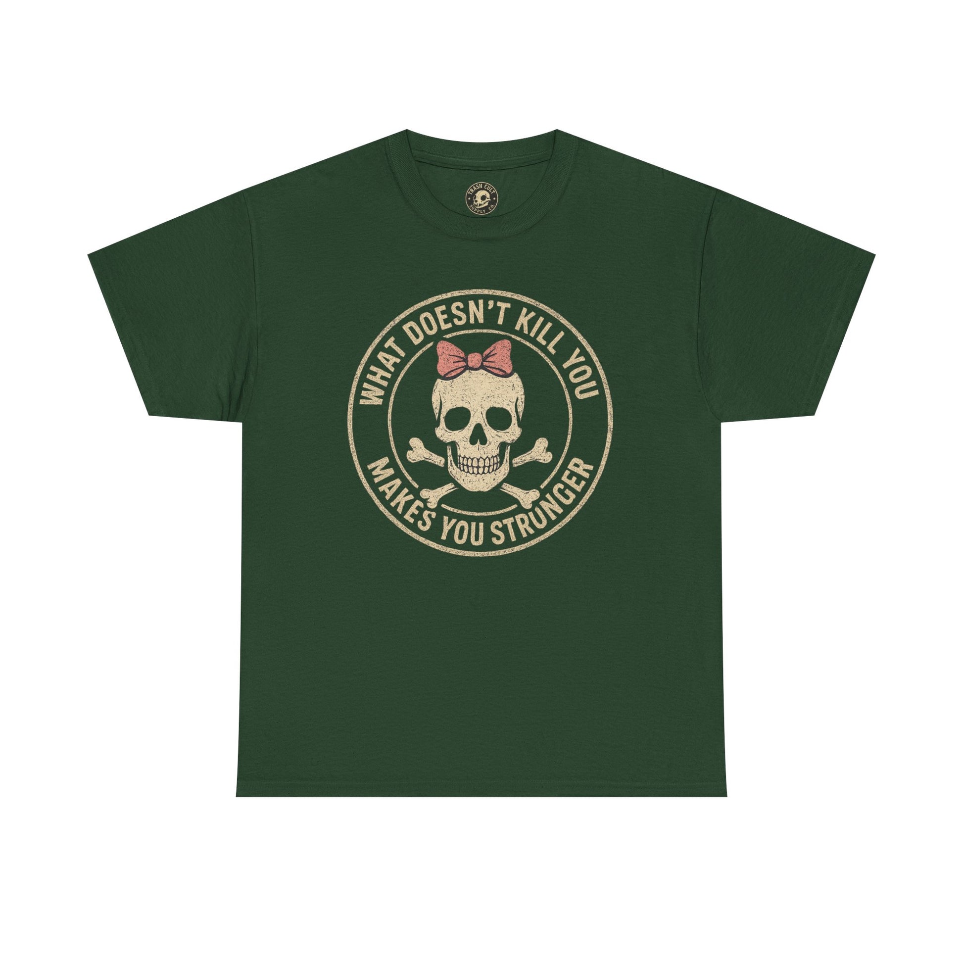 “What Doesn’t Kill You Makes You Stronger” Skull & Bow T-Shirt – Vintage Grunge Graphic | Gildan 5000