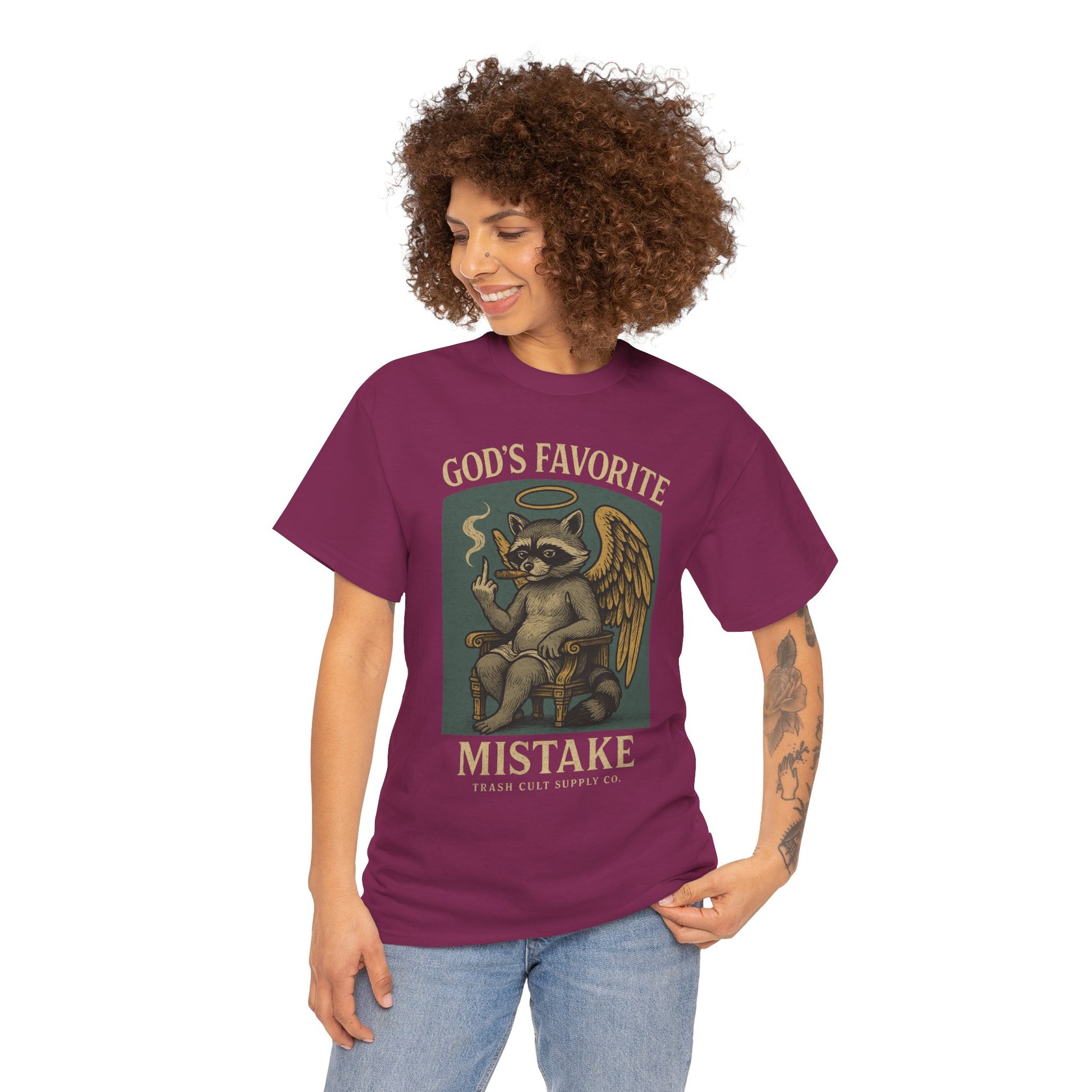 God’s Favorite Mistake Shirt – Raccoon Angel Flipping the Bird by Trash Cult Supply Co.