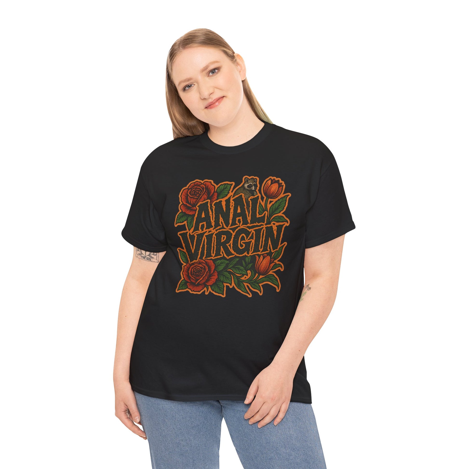 Anal Virgin Bold Floral Trashcore Tee – Funny Raccoon Shirt – Gildan 5000