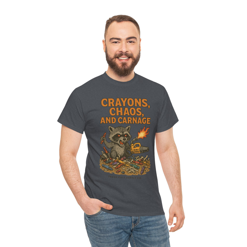 Crayons, Chaos, and Carnage T-Shirt – Dark Humor Raccoon Graphic | Trash Cult Supply Co. | Gildan 5000 Tee