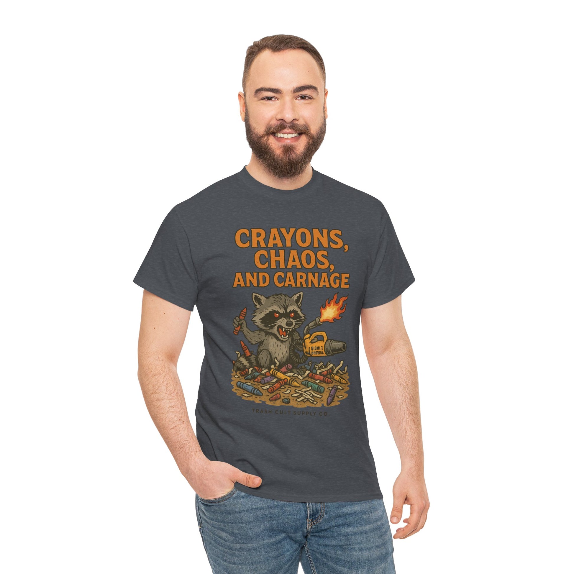 Crayons, Chaos, and Carnage T-Shirt – Dark Humor Raccoon Graphic | Trash Cult Supply Co. | Gildan 5000 Tee