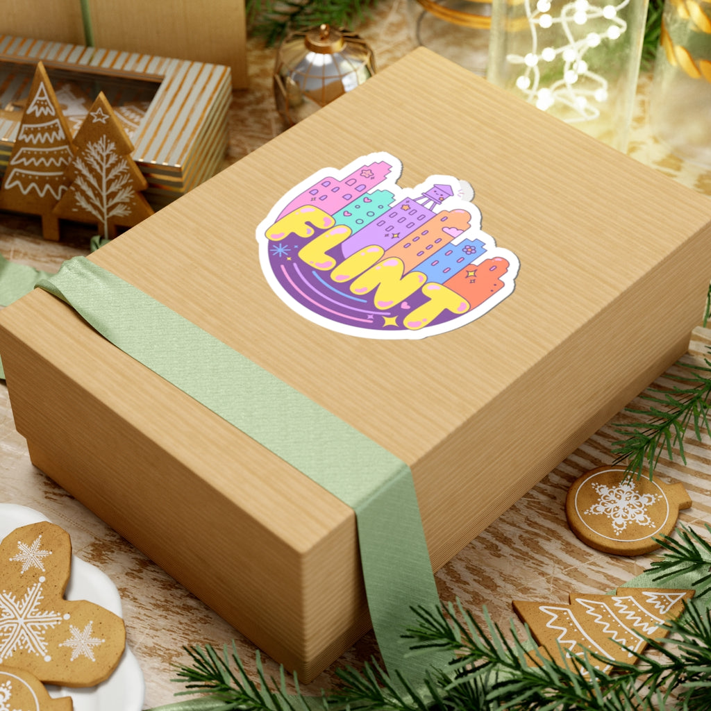 Flint City Skyline Kiss-Cut Sticker — Cute Pastel Laptop Sticker